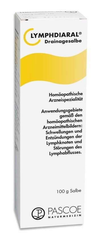 Packungsdesign von Lymphdiaral Drainagesalbe, 100 g, mit Beschreibung der homöopathischen Anwendungsgebiete.