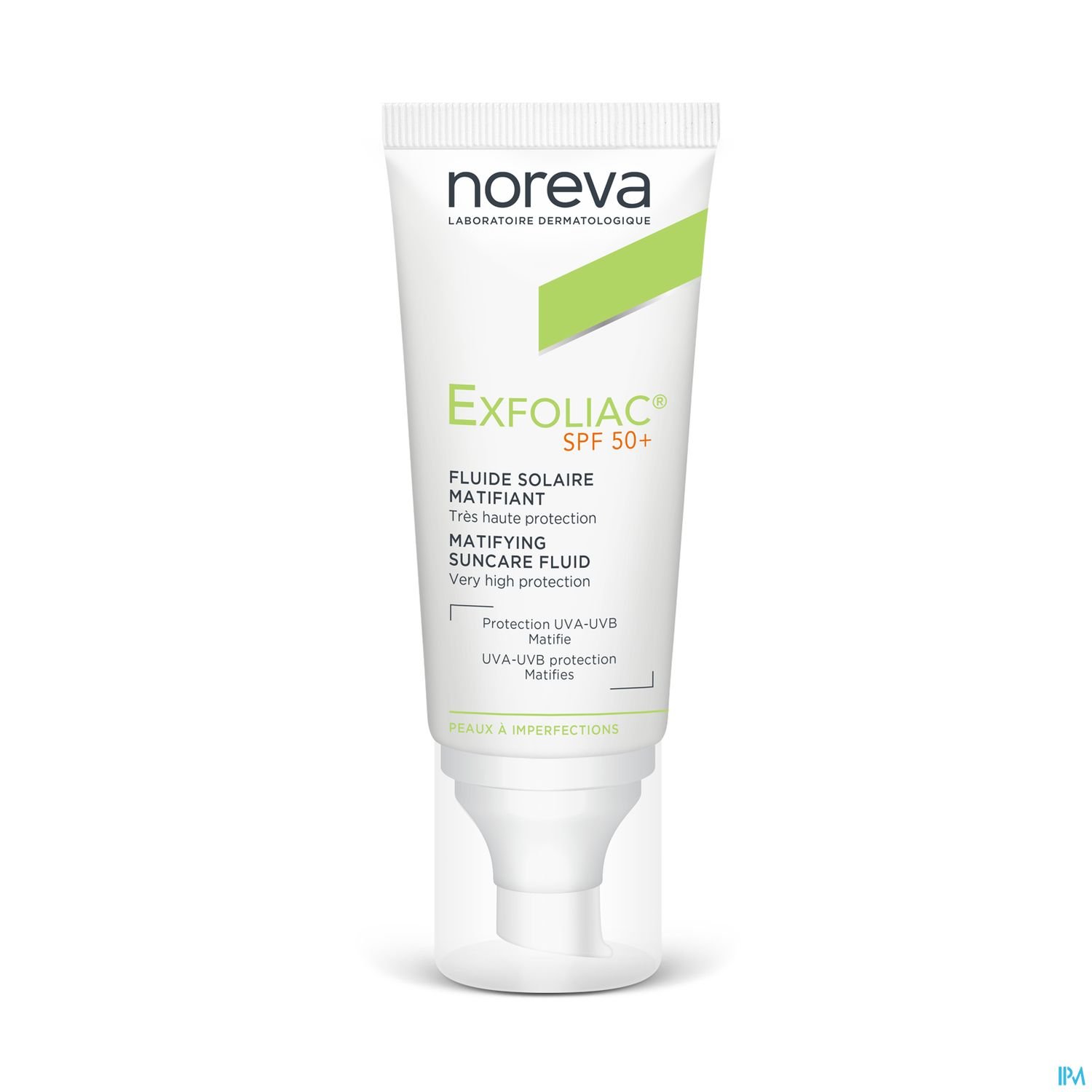 Tube mit Sonnenschutzmittel "Exfoliac SPF 50+" von Noreva, mit Hinweis auf sehr hohen Schutz und mattierende Eigenschaften.