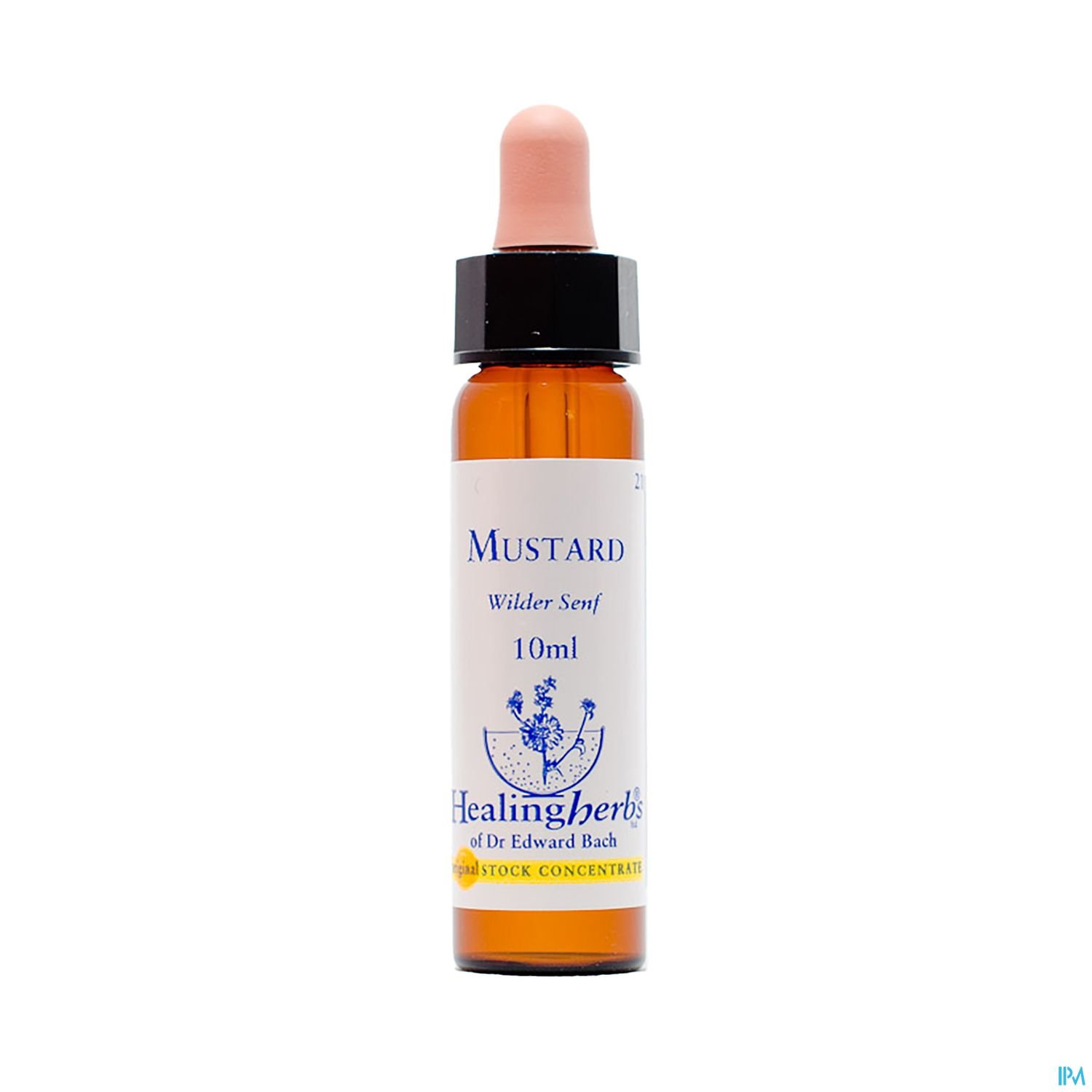 Flasche mit Bachblütenessenzen, beschriftet als "Mustard - Wilder Senf", 10ml, mit Pipette und weißer sowie blauer Schrift auf Etikett.