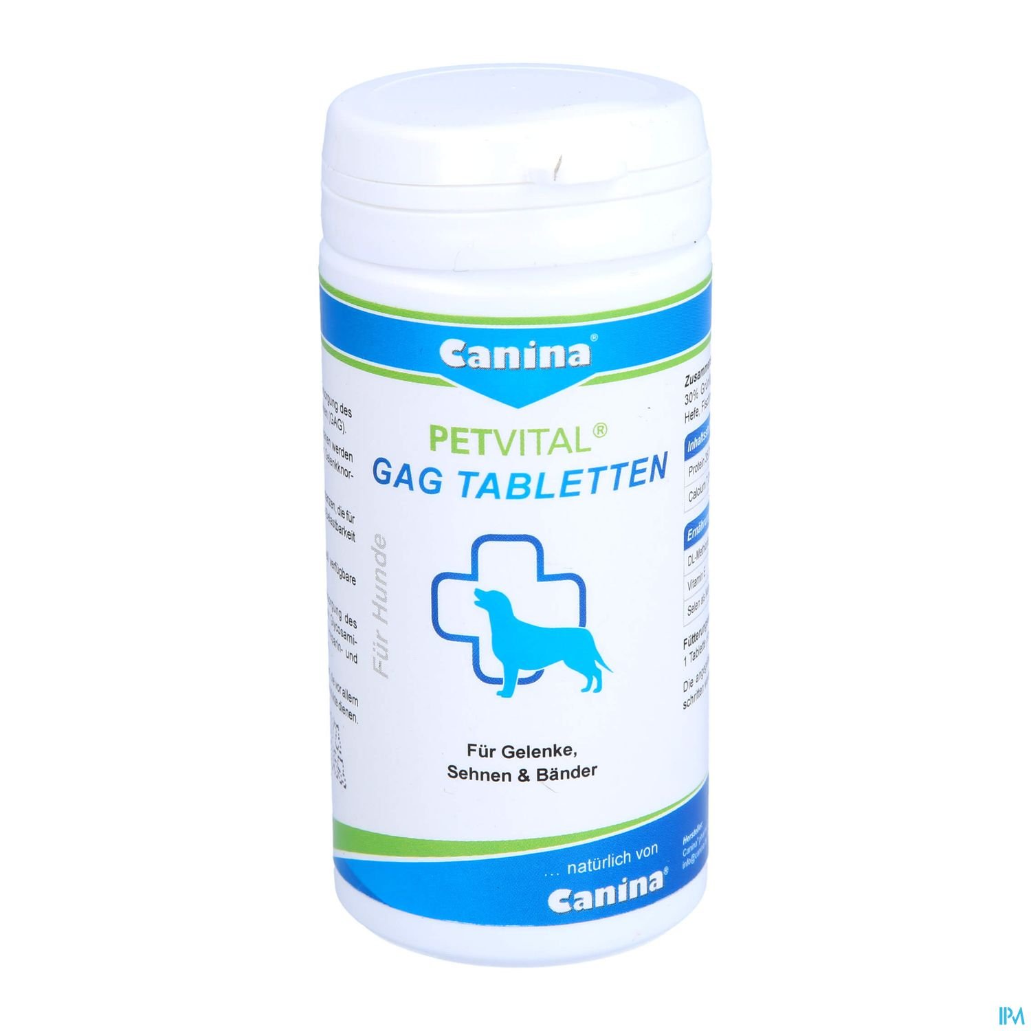 Weißer Behälter mit blauer und grüner Beschriftung, etikettiert mit "Canina PETVITAL GAG TABLETTEN", für Gelenke, Sehnen und Bänder von Hunden.