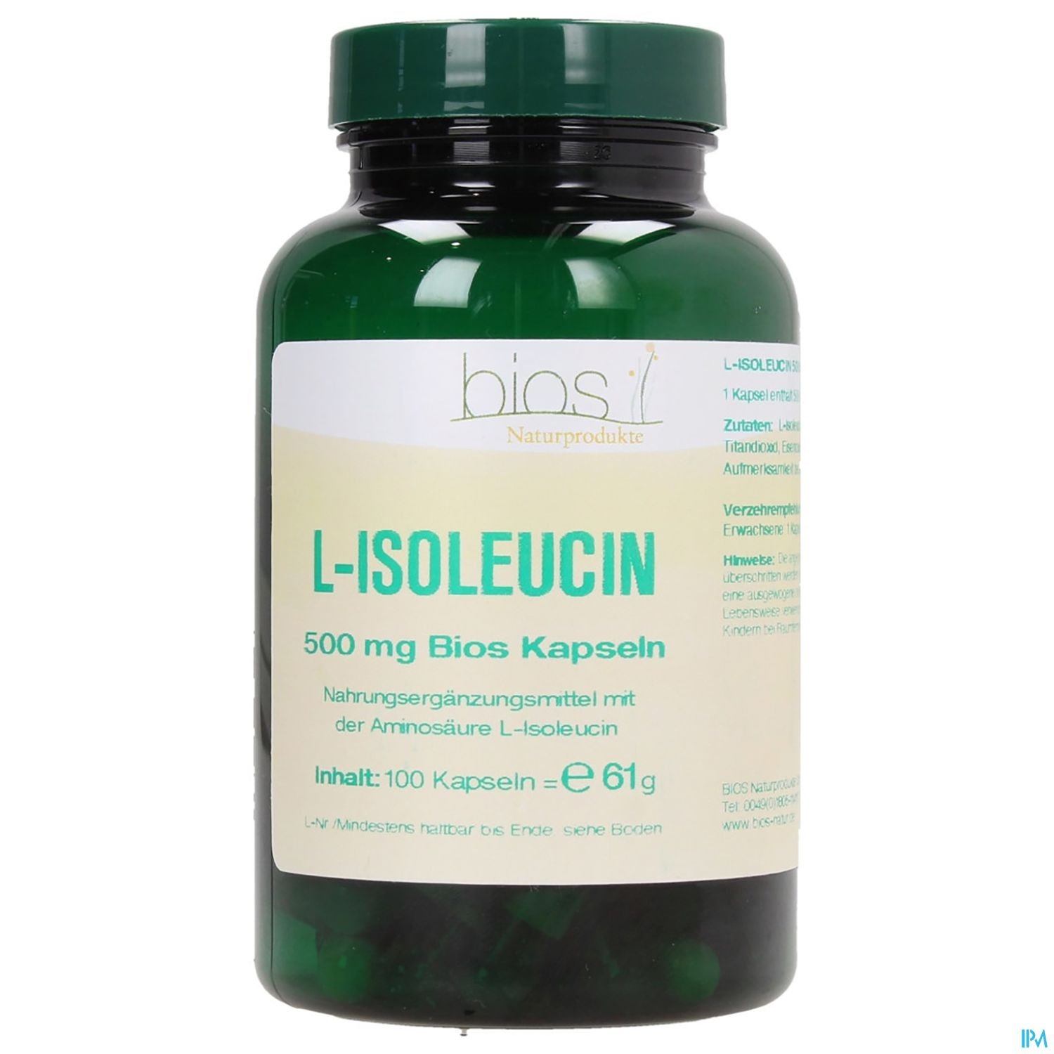 Grüner Kunststoffbehälter mit der Aufschrift "L-Isoleucin 500 mg Bios Kapseln" und Informationen zu Nährstoffen und Inhalt.