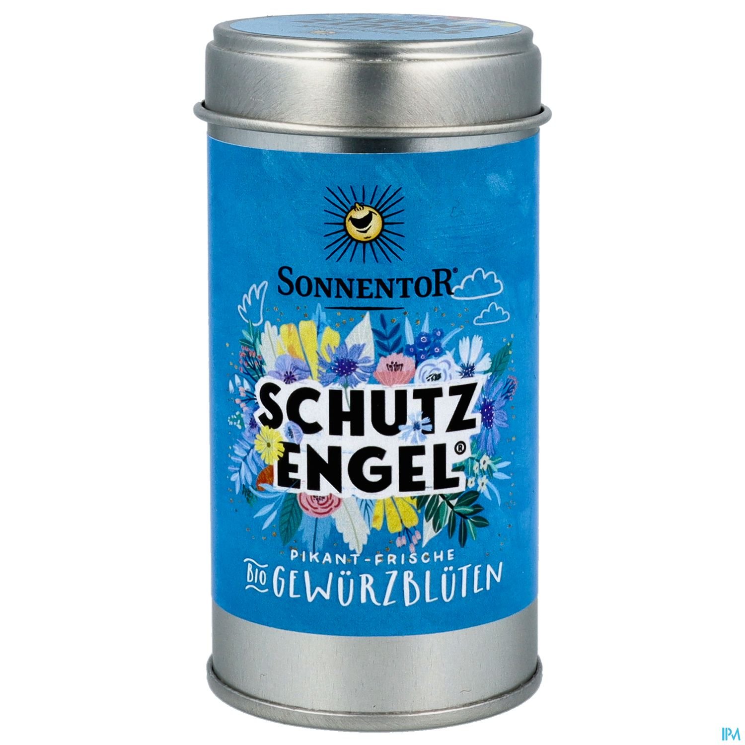 Dose mit "SCHUTZ ENGEL" Gewürzblüten von Sonnentor, blaues Design mit floralen Mustern.