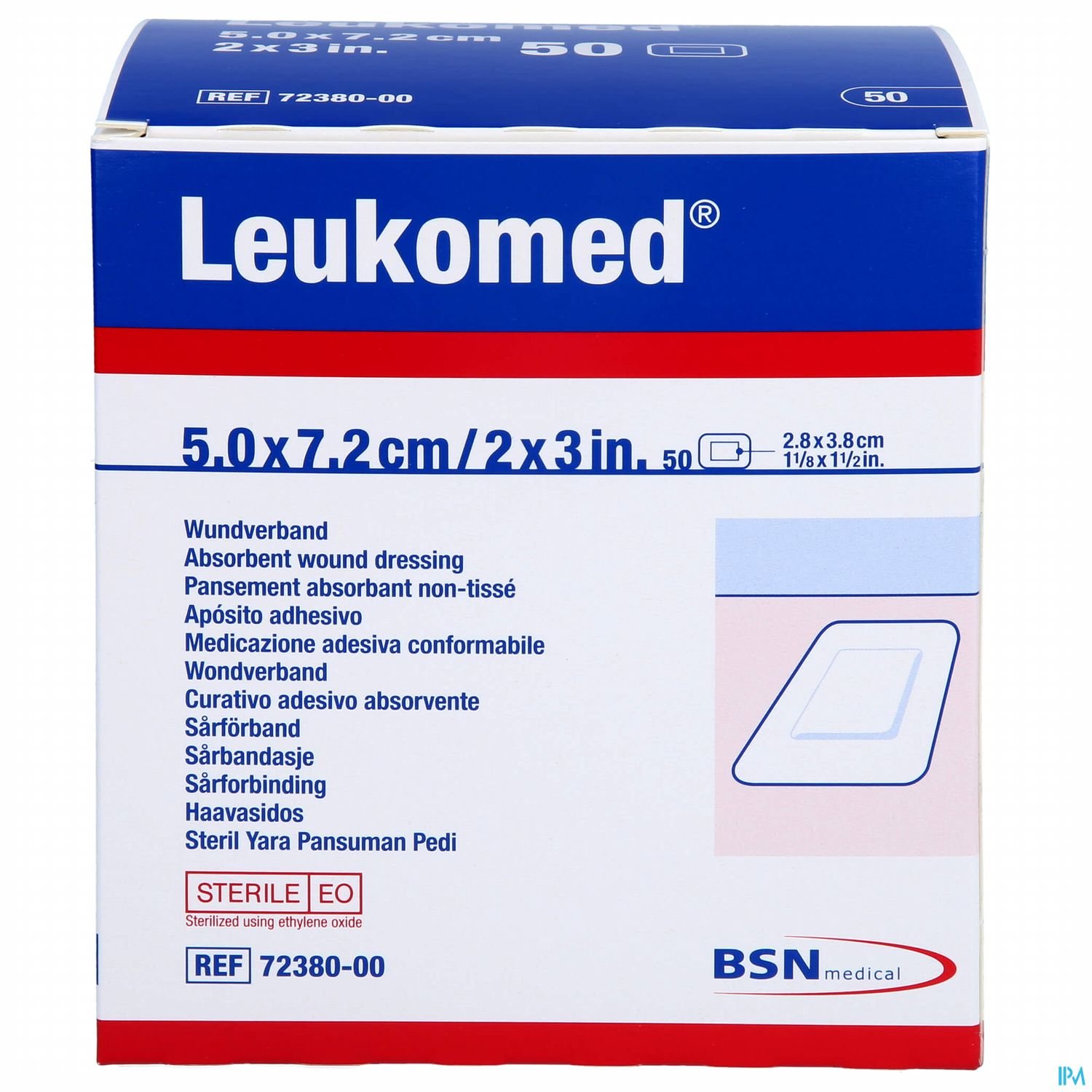 Verpackung eines Leukomed Wundverbands mit Produktbezeichnung, Größenangaben und Informationen zu den Inhaltsstoffen.