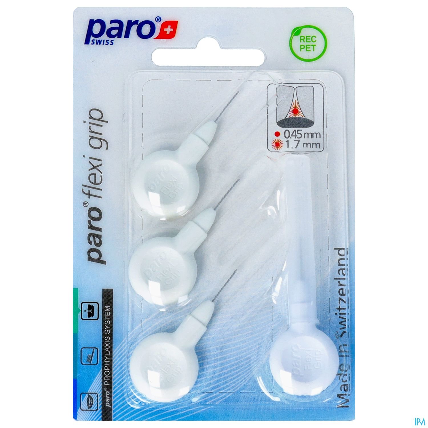 Packung mit vier flexiblen Interdentalbürsten von paro, weiß mit unterschiedlichen Borstengrößen.