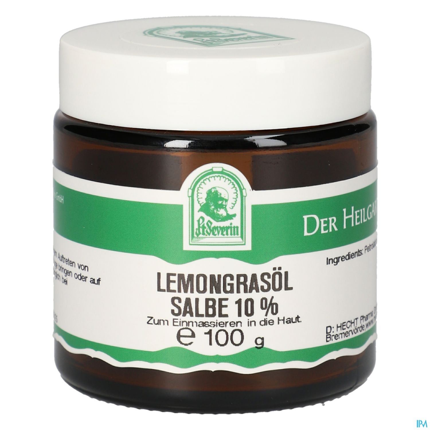 Brauner Glasbehälter mit einem weißen Deckel, beschriftet mit "Der Heiligen Severin Lemongrasöl Salbe 10 %", Inhalt 100 g, Verwendung zum Einmassieren in die Haut.