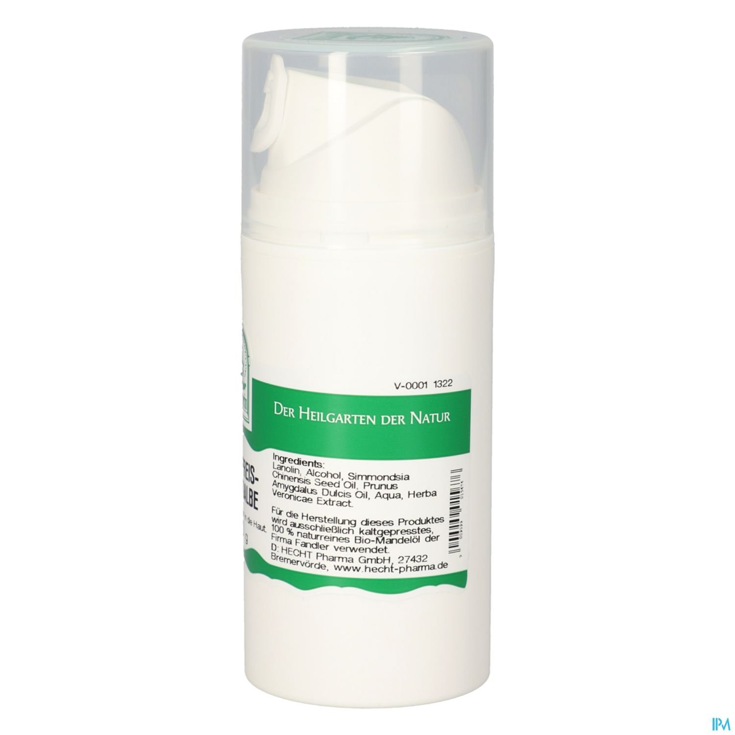 Ein Flakon mit Creme, beschriftet mit "Der Heilgarten der Natur" und Zutatenliste auf der Rückseite.