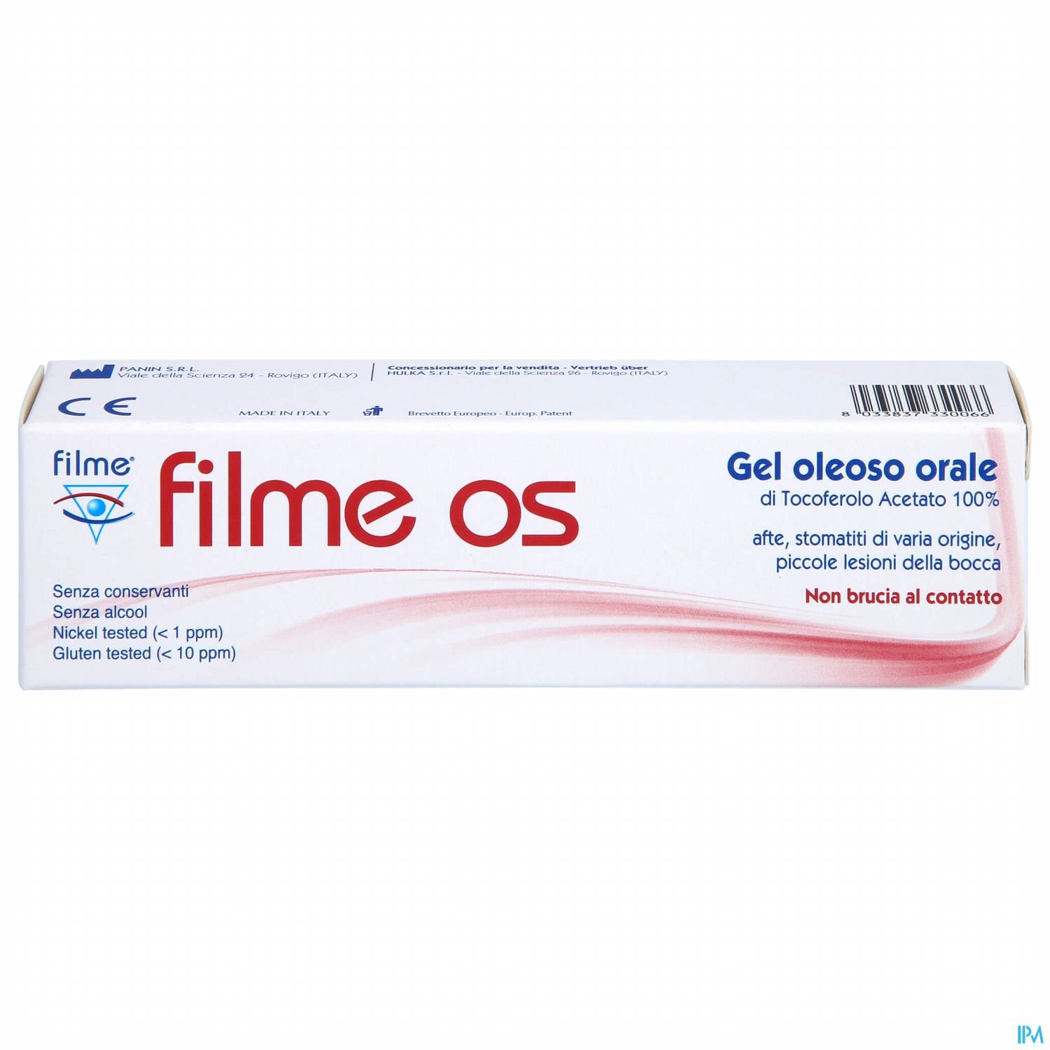 Packung des Produkts "filme os", ein ölhaltiges Gel zur Behandlung von Mundgeschwüren, mit Beschreibung in Italienisch.