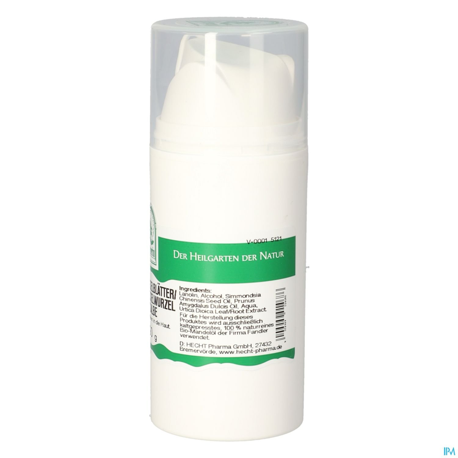 Weiße Flasche mit grau-weißer Kappe und grünem Etikett, beschriftet mit "Der Heilgarten der Natur" und Inhaltsstoffen.
