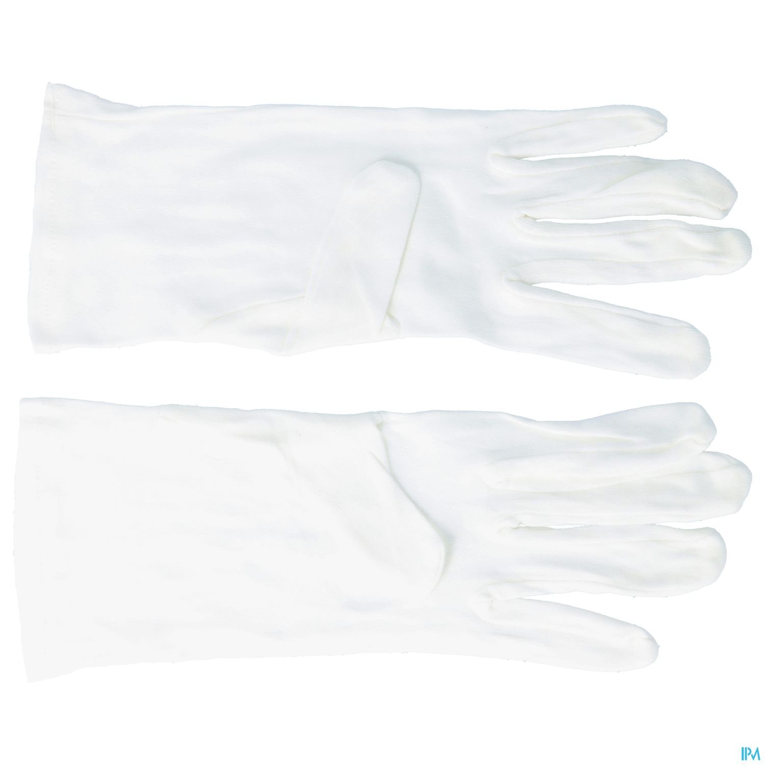 Zwei weiße Handschuhe nebeneinander liegend.