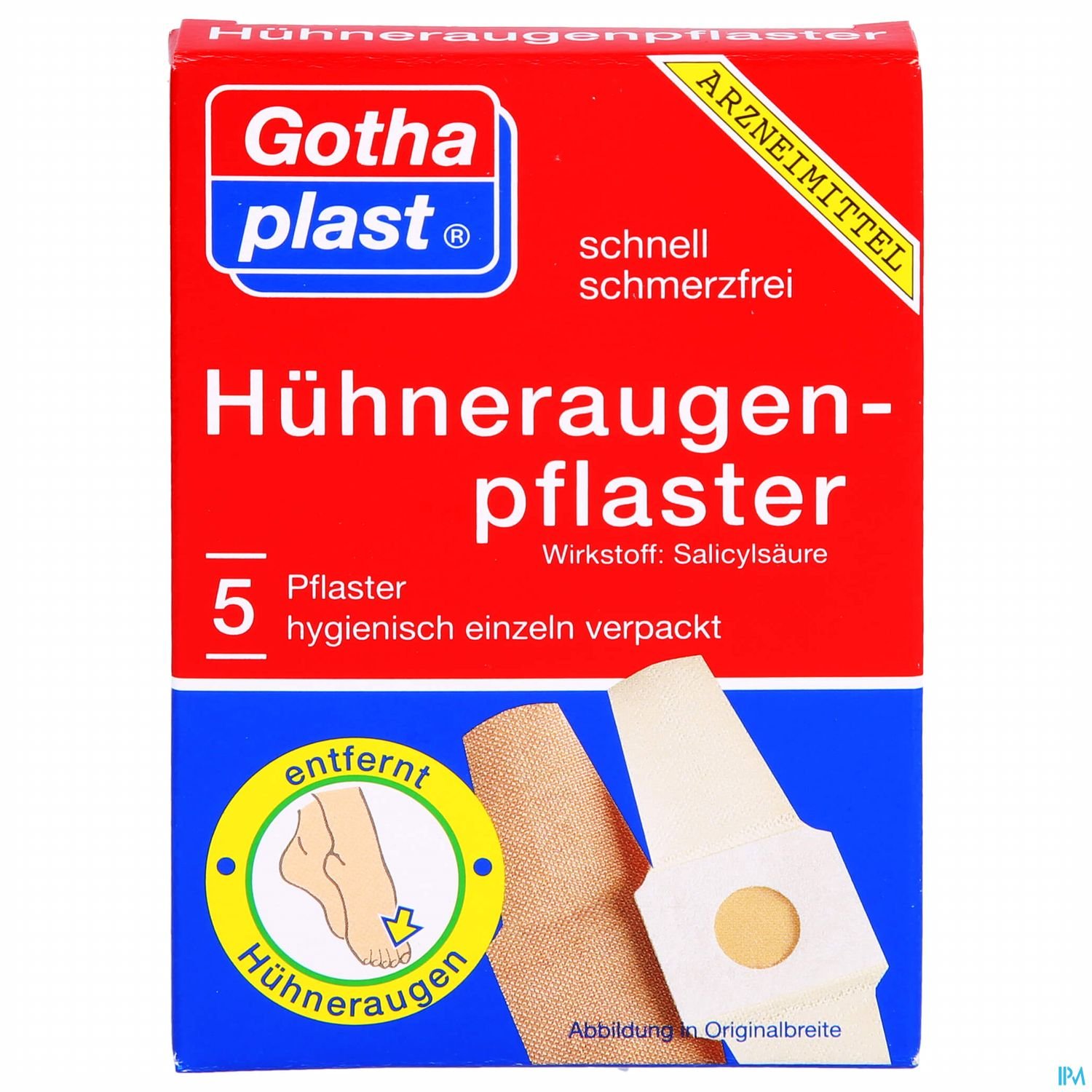 Verpackung von GothaPlast Hühneraugenpflaster, 5 Stück, mit Hinweis auf die Wirkstoffe und Anwendung.