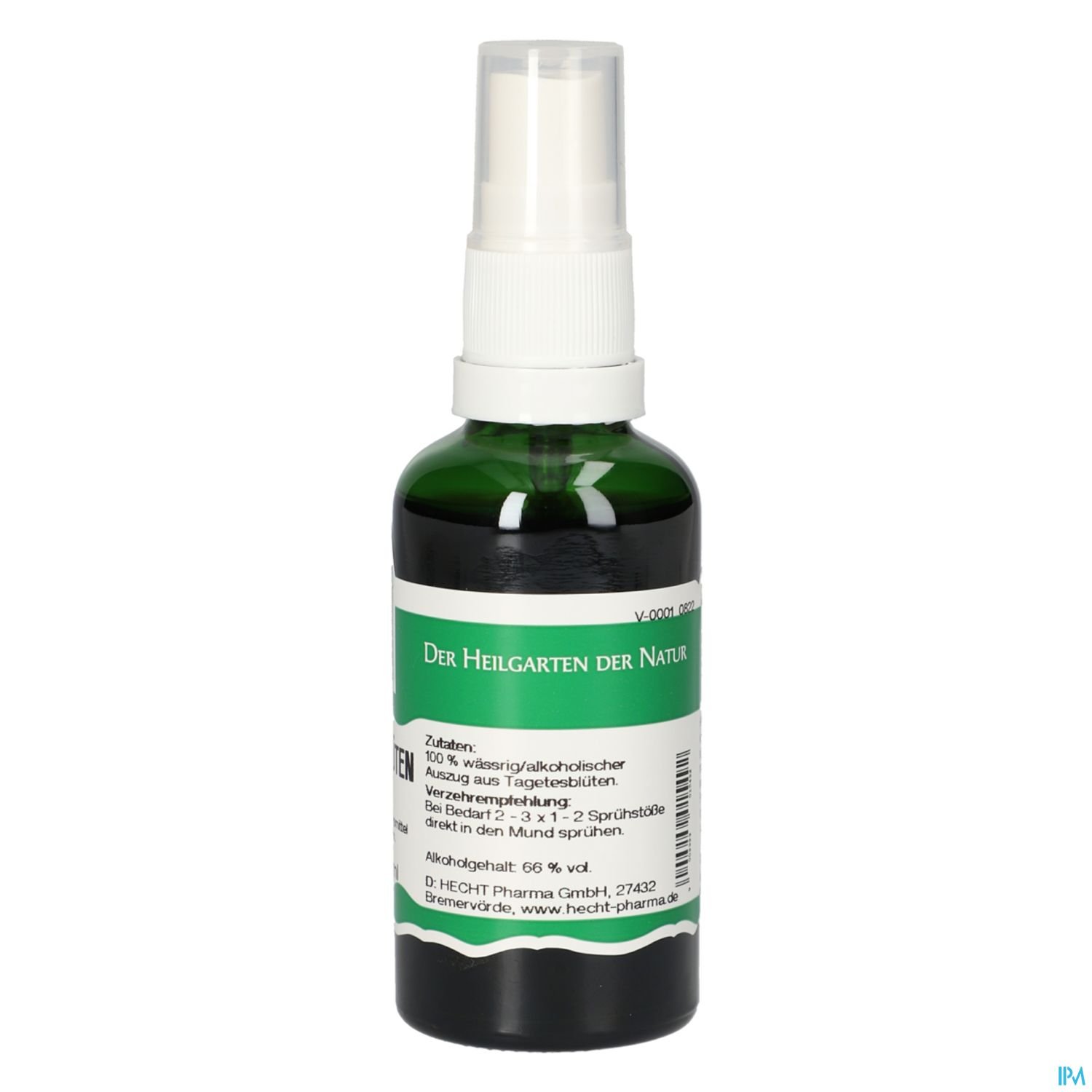 Grüne Sprayflasche mit weißen Sprühkopf und Etikett, auf dem der Text „Der Heiliggarten der Natur“ sowie Zutaten und Anwendungshinweise zu sehen sind.