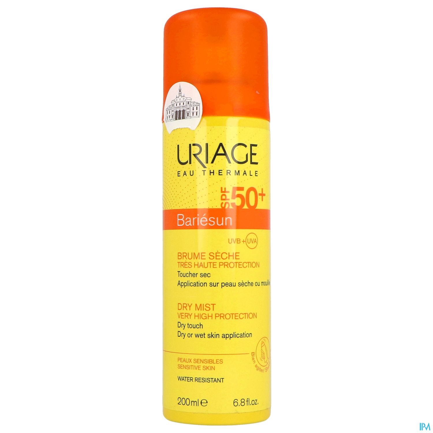 Sprayflasche mit Sonnencreme von Uriage, SPF 50+, gelbe und orange Verpackung, Inhalt 200 ml.
