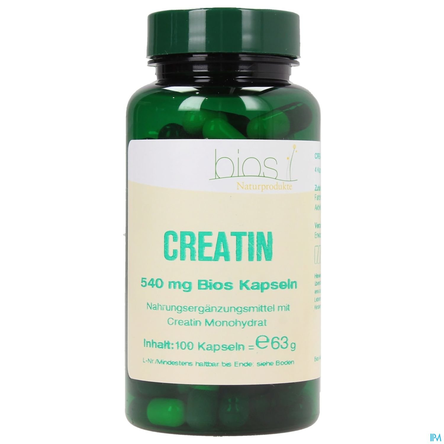 Grüner Behälter mit Kapseln, beschriftet mit "Creatin", enthält 100 Kapseln und 540 mg Bios Kapseln pro Portion.