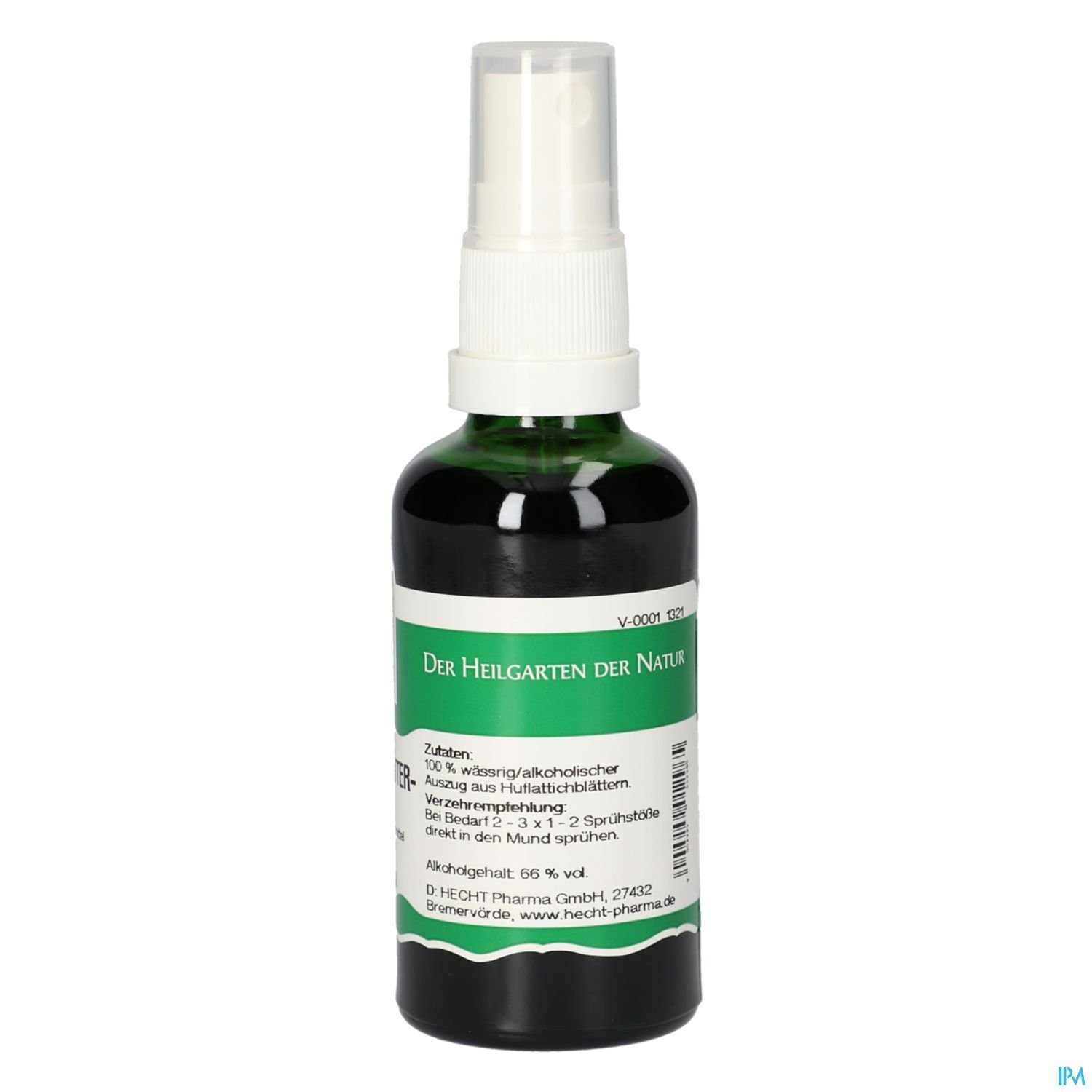 Flasche mit Sprühkopf und grünem Etikett, Beschriftung "Der Garten der Natur" und Zutatenliste.