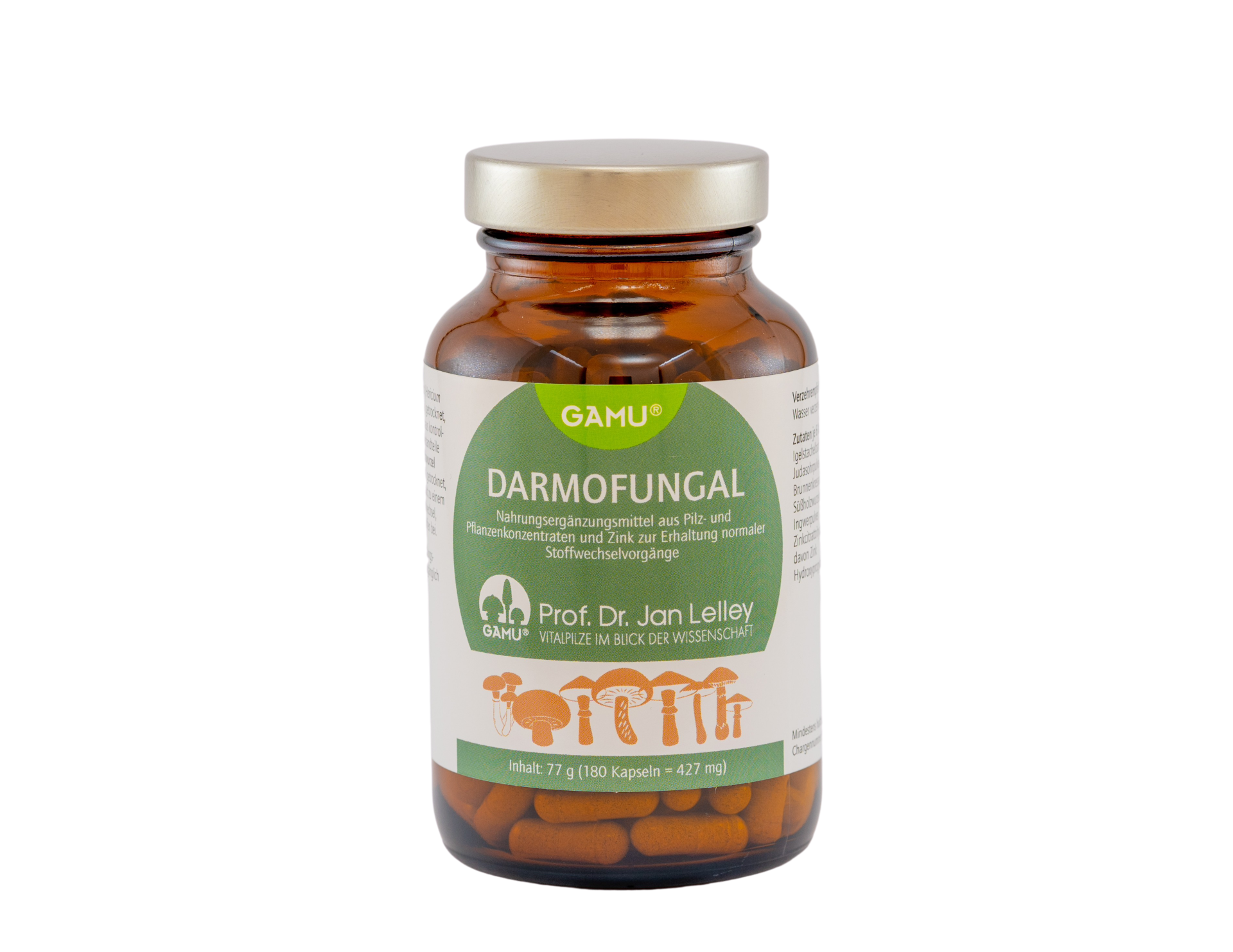 Braunglasflasche mit Nahrungsergänzungsmittel "Darmofungal" von GAMU, enthalten sind 180 Kapseln.