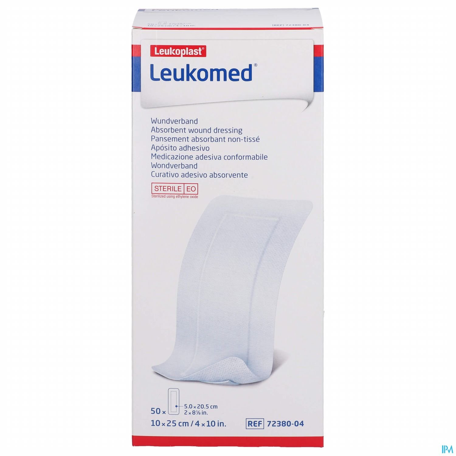 Packung Leukomed Wundverband mit Beschreibung und Hinweise zur Anwendung.