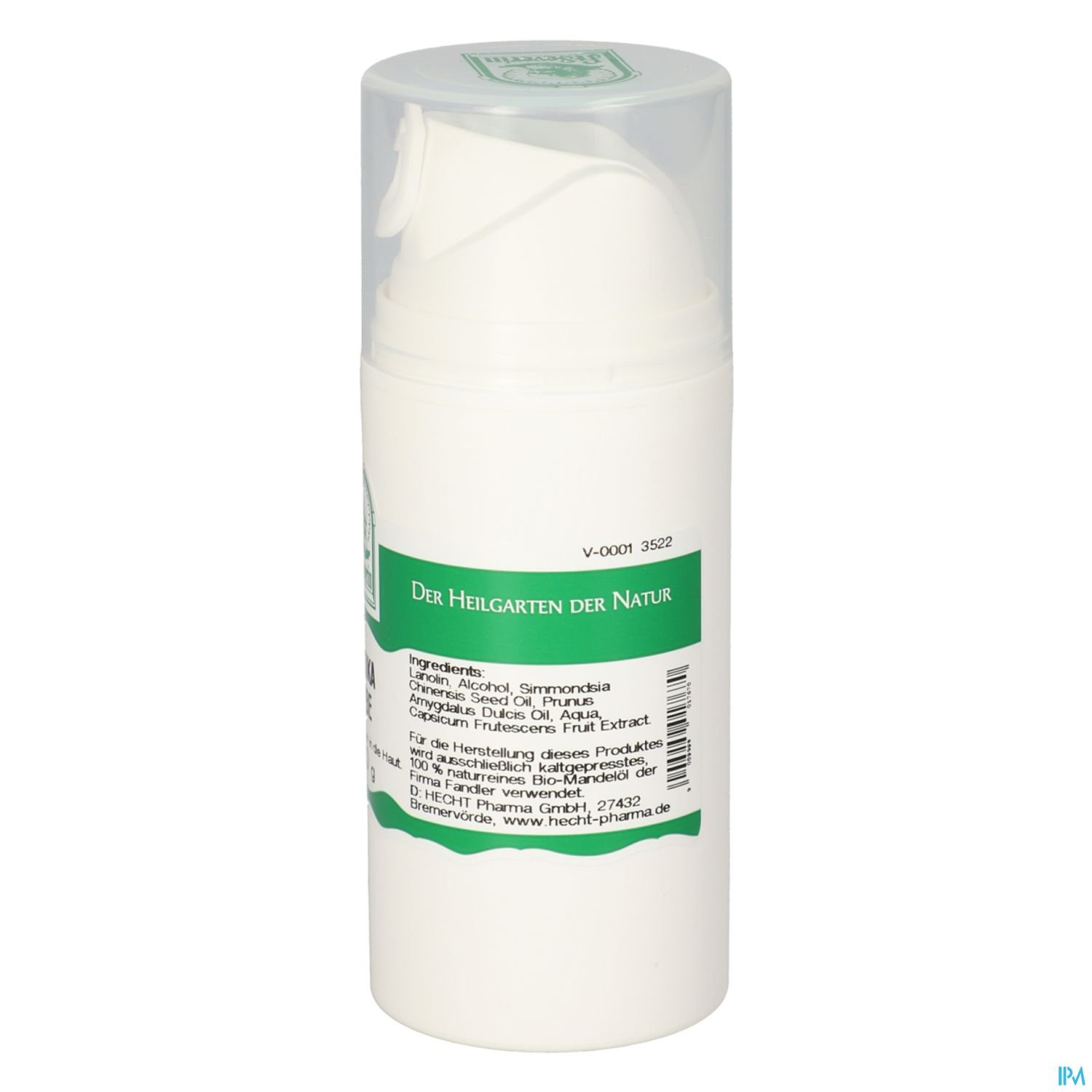 Verpackung eines Hautpflegeprodukts mit Pumpspender, beschriftet mit "Der Heiligarten der Natur" und Inhaltsstoffen auf der Rückseite.