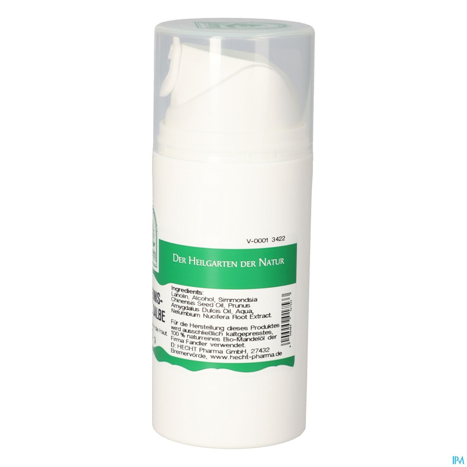 Weißer Pumpflakon mit grüner Beschriftung, der das Produkt "Der Heilgarten der Natur" zeigt.