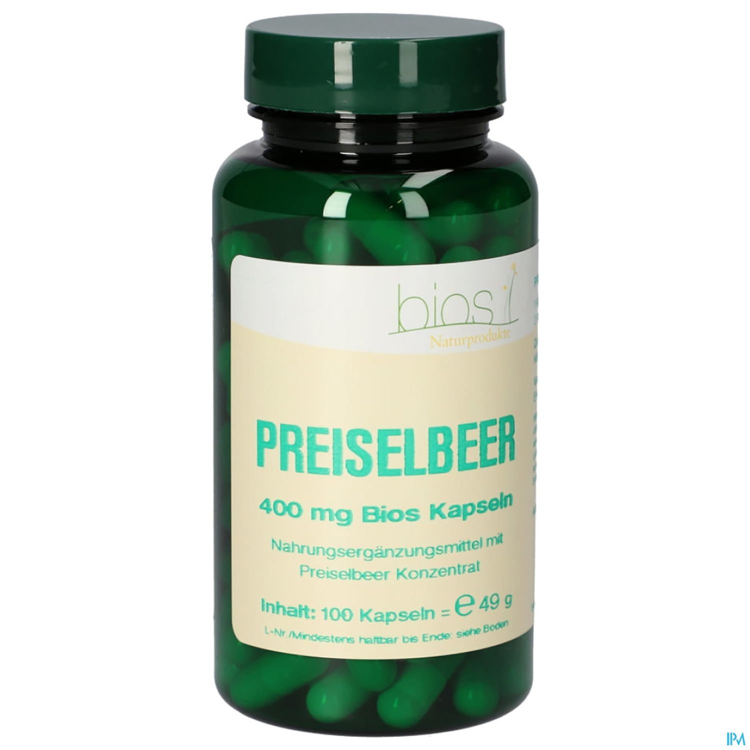 Grüne Kapseln in einer schwarzen Flasche mit Aufschrift "Preiselbeer 400 mg Bios Kapseln, Nahrungsergänzungsmittel mit Preiselbeer Konzentration, Inhalt: 100 Kapseln".