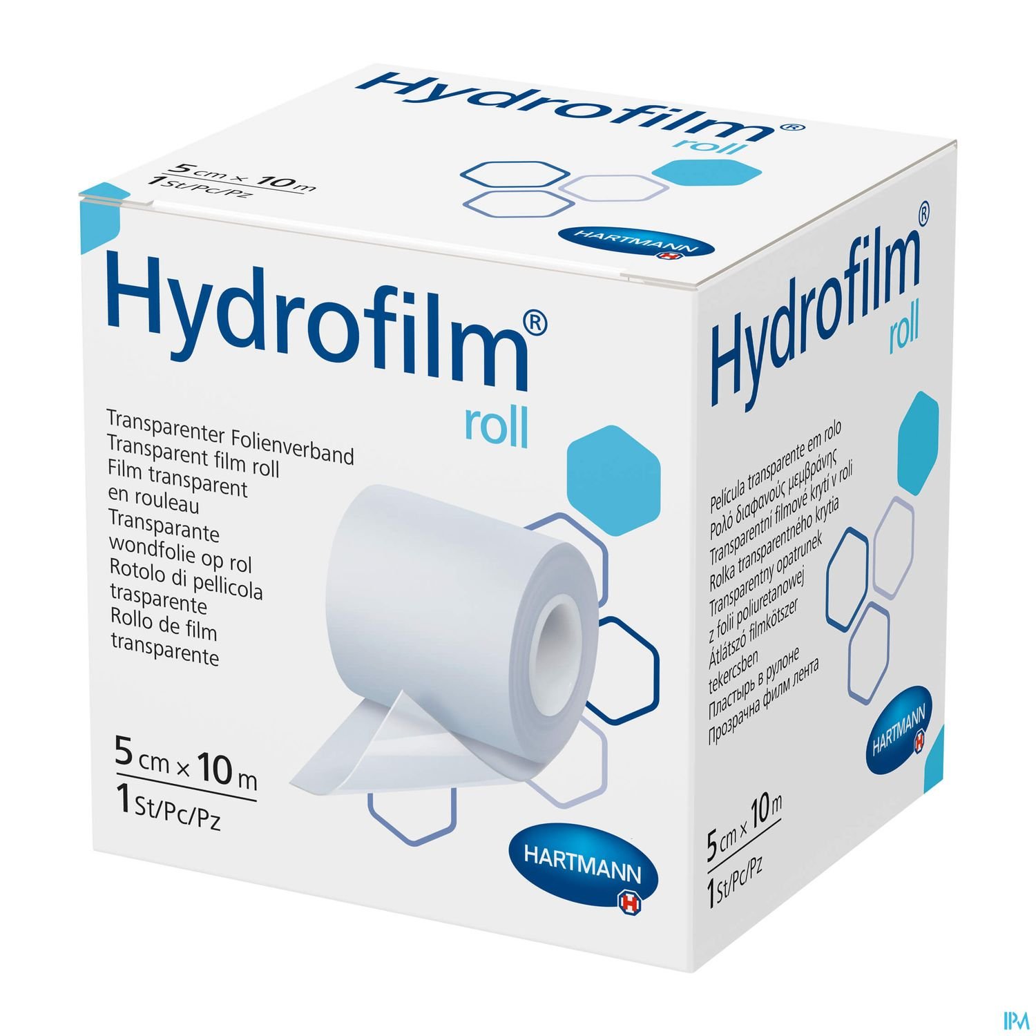 Packung mit transparentem Folienverband "Hydrofilm", Rolle mit 5 cm x 10 m, von Hartmann.