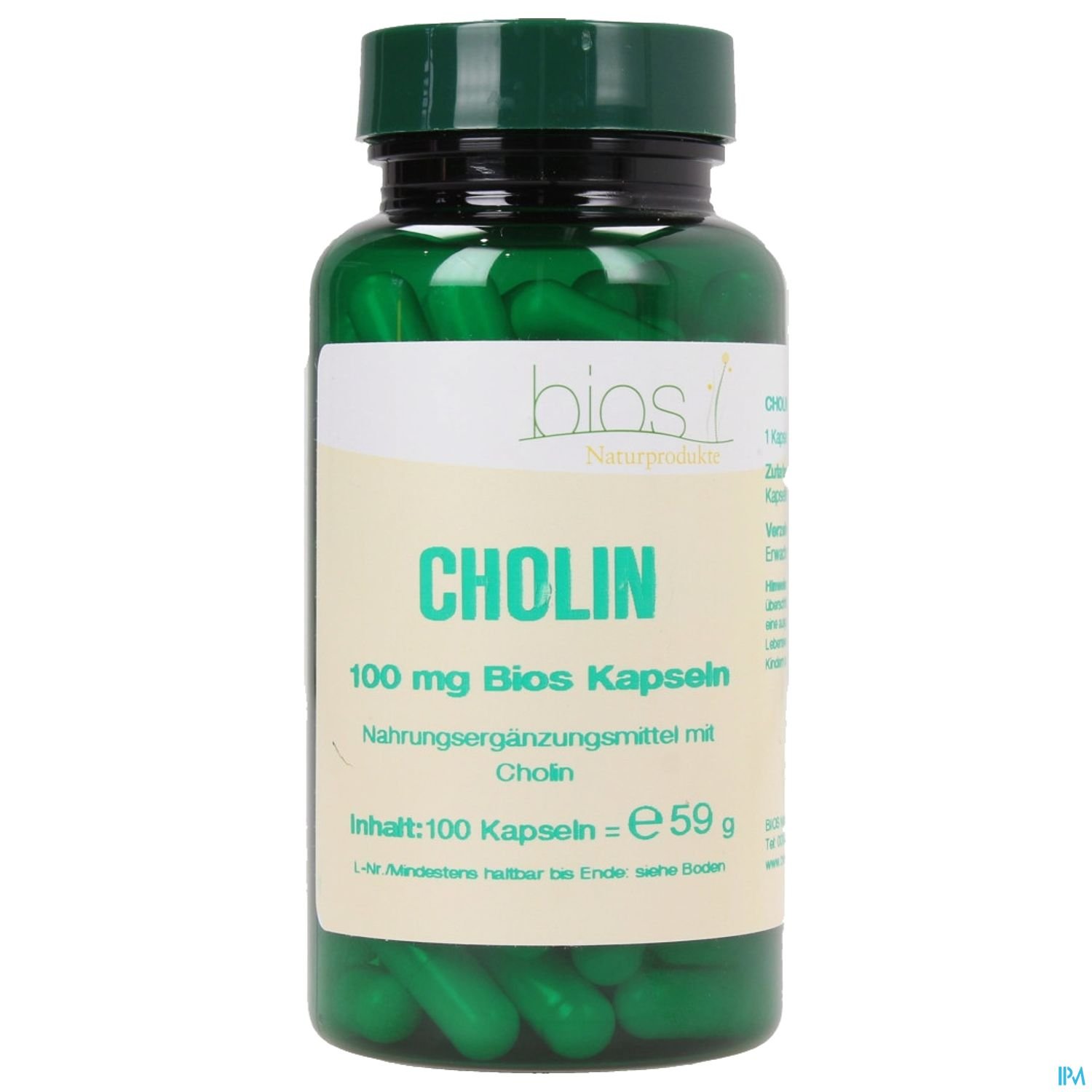 Grüne Kapseln in einem transparenten Behälter mit Aufschrift "Cholin 100 mg Bios Kapseln, Nahrungsergänzungsmittel mit Cholin, Inhalt: 100 Kapseln, 59 g".