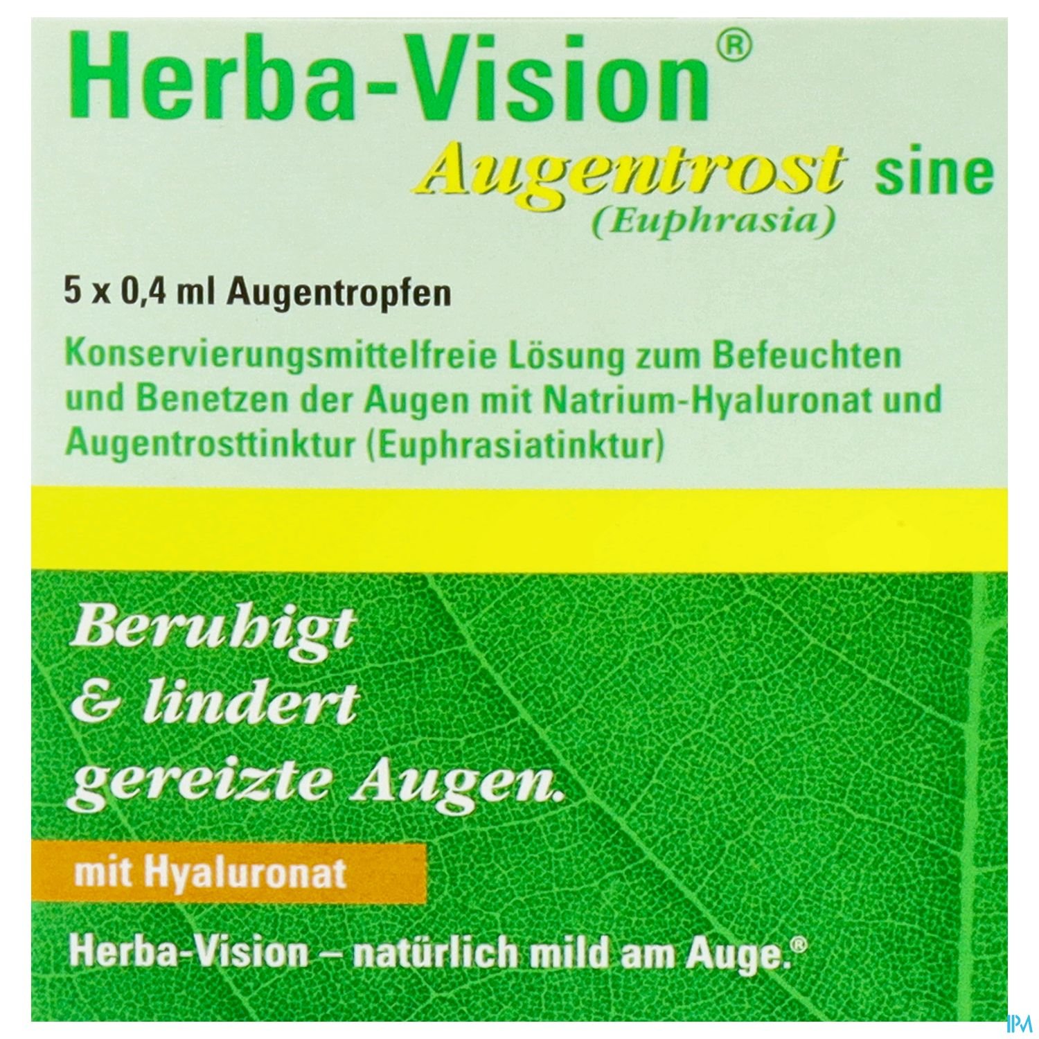 Produktverpackung von Herba-Vision Augentropfen mit Beschreibung und Anwendungshinweisen.