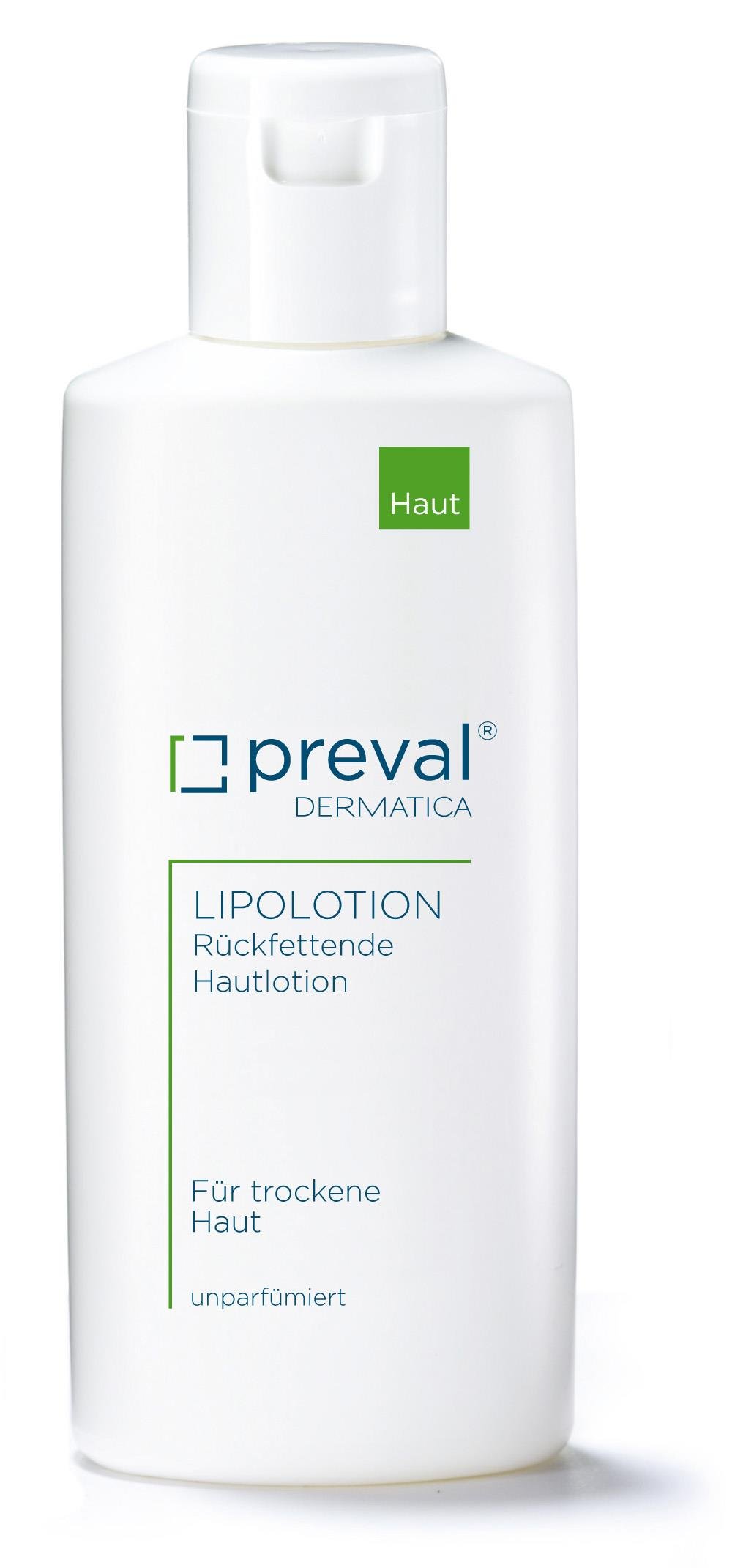 Eine weiße Flasche mit einer grünen Etikette, beschriftet mit "preval DERMATICA LIPOLOTION Rückfettende Hautlotion Für trockene Haut unparfümiert".