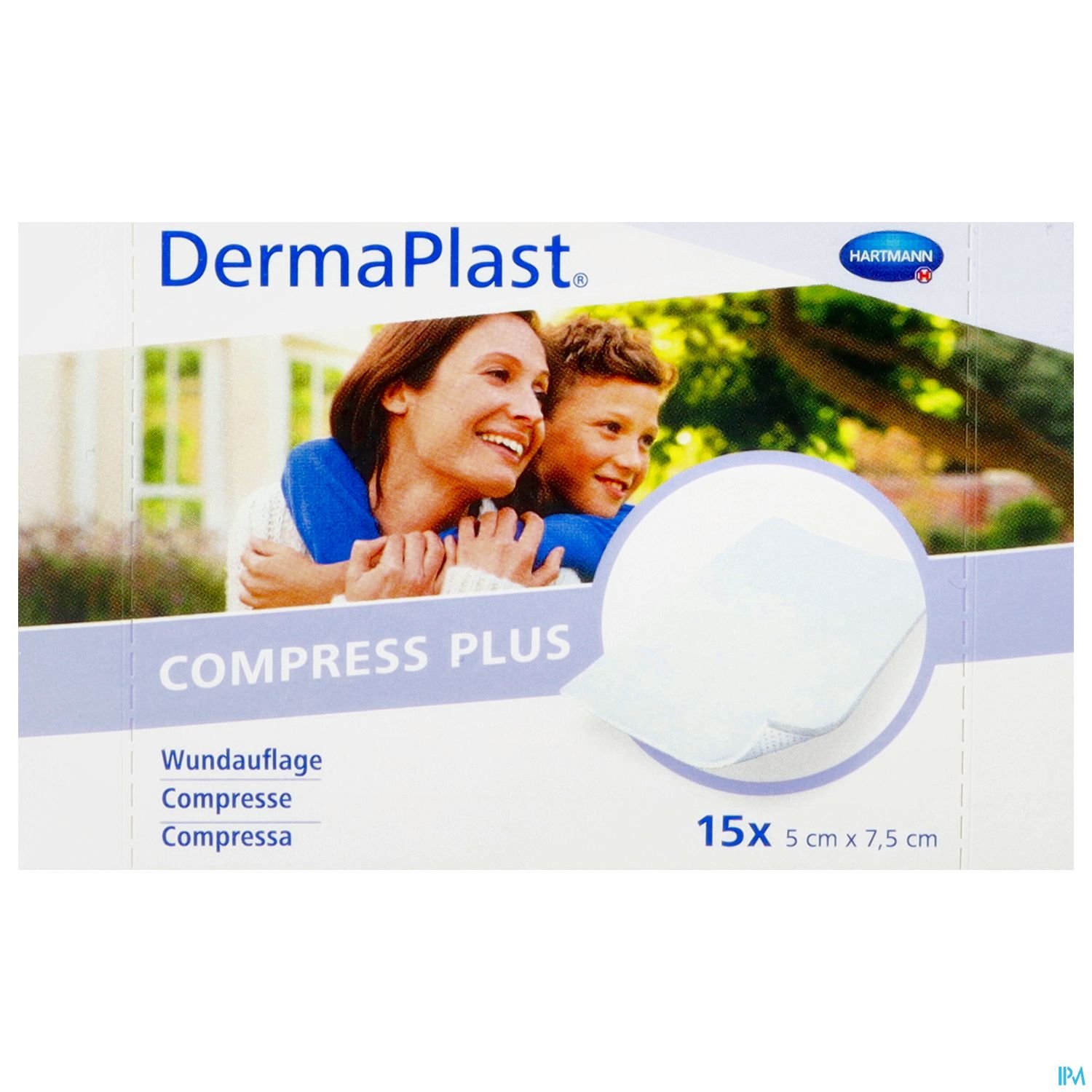 Verpackung von DermaPlast Compress Plus, Wundauflage mit 15 Stück, Größe 5 cm x 7,5 cm.