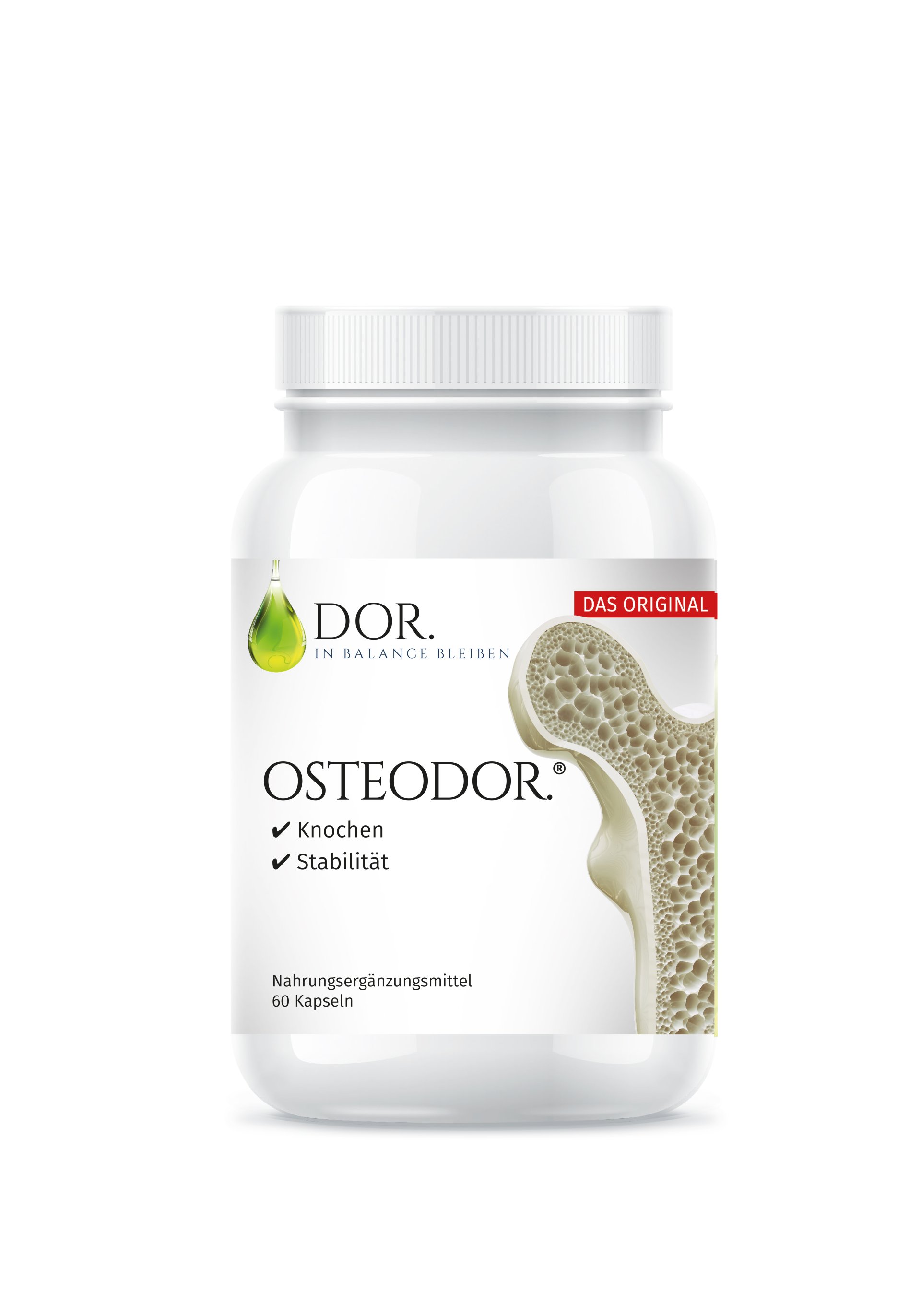 Weißes Behältnis mit dem Aufdruck "OSTEODOR®" und den Hinweisen "Knochen" und "Stabilität" sowie der Angabe "60 Kapseln".