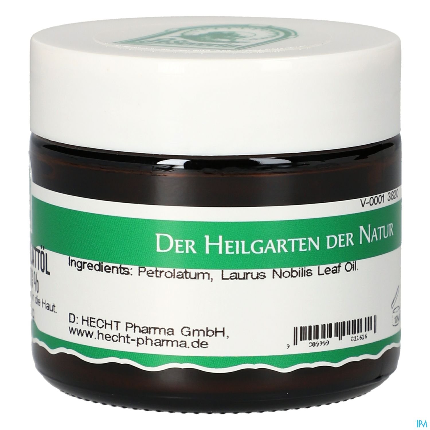 Braunglasbehälter mit Weißem Deckel, beschriftet mit "Der Heilgarten der Natur" und Inhaltsstoffen wie Petrolatum und Laurus Nobilis Leaf Oil.