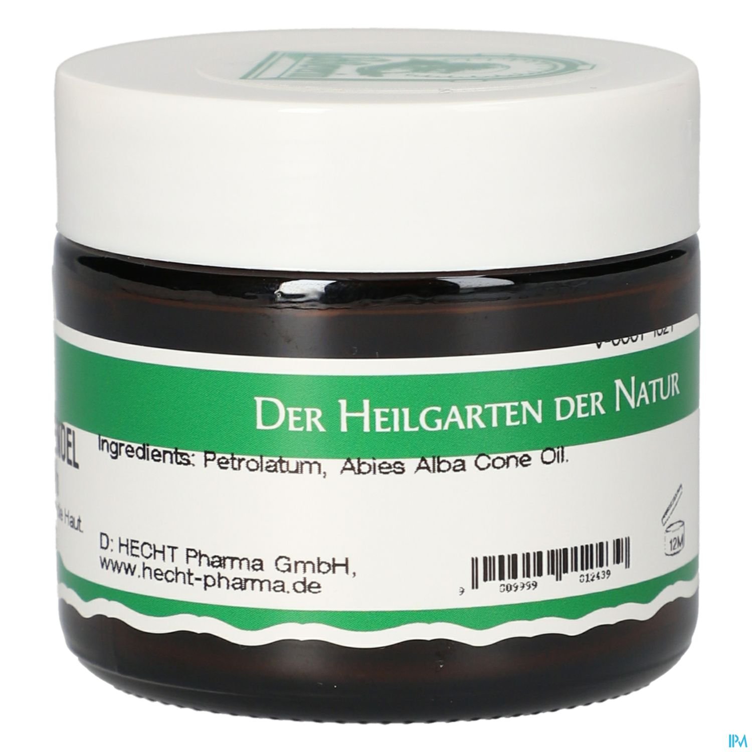 Braun-gläserner Behälter mit weißem Deckel, beschriftet mit "Der Heilgarten der Natur", Zutaten und Herstellerinformationen.