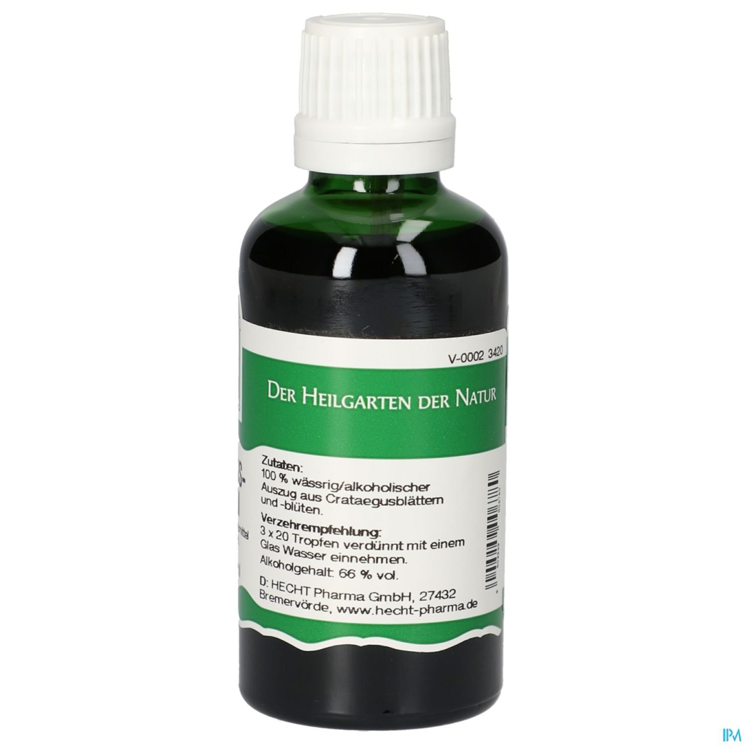 Braune Flasche mit weißem Schraubverschluss und grünem Etikett, beschriftet mit "Der Heilgarten der Natur" und Anweisungen zur Verwendung.