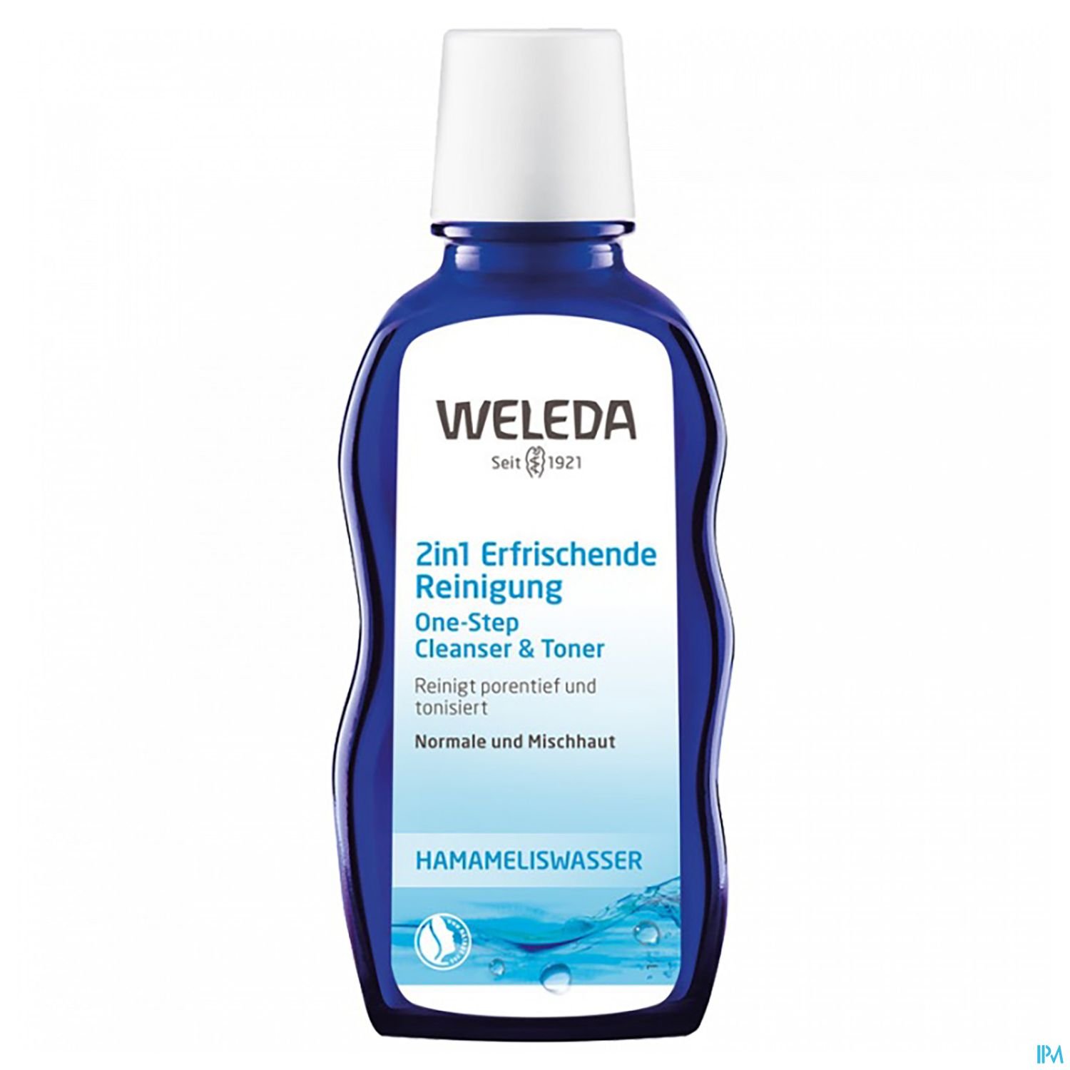 Flasche mit Weleda 2in1 erfrischender Reinigung, klarem Design in blauer Farbe, enthält Hamameliswasser für normale und Mischhaut.