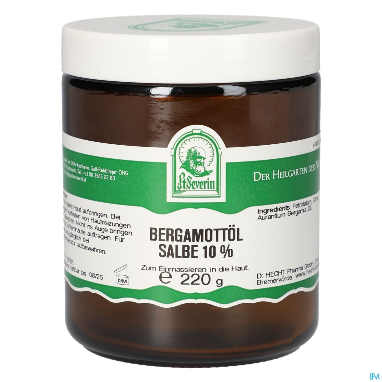 Braunes Glasgefäß mit weißem Deckel und grünem Etikett, beschriftet mit "Bergamotöl Salbe 10 %", Nettogewicht 220 g.