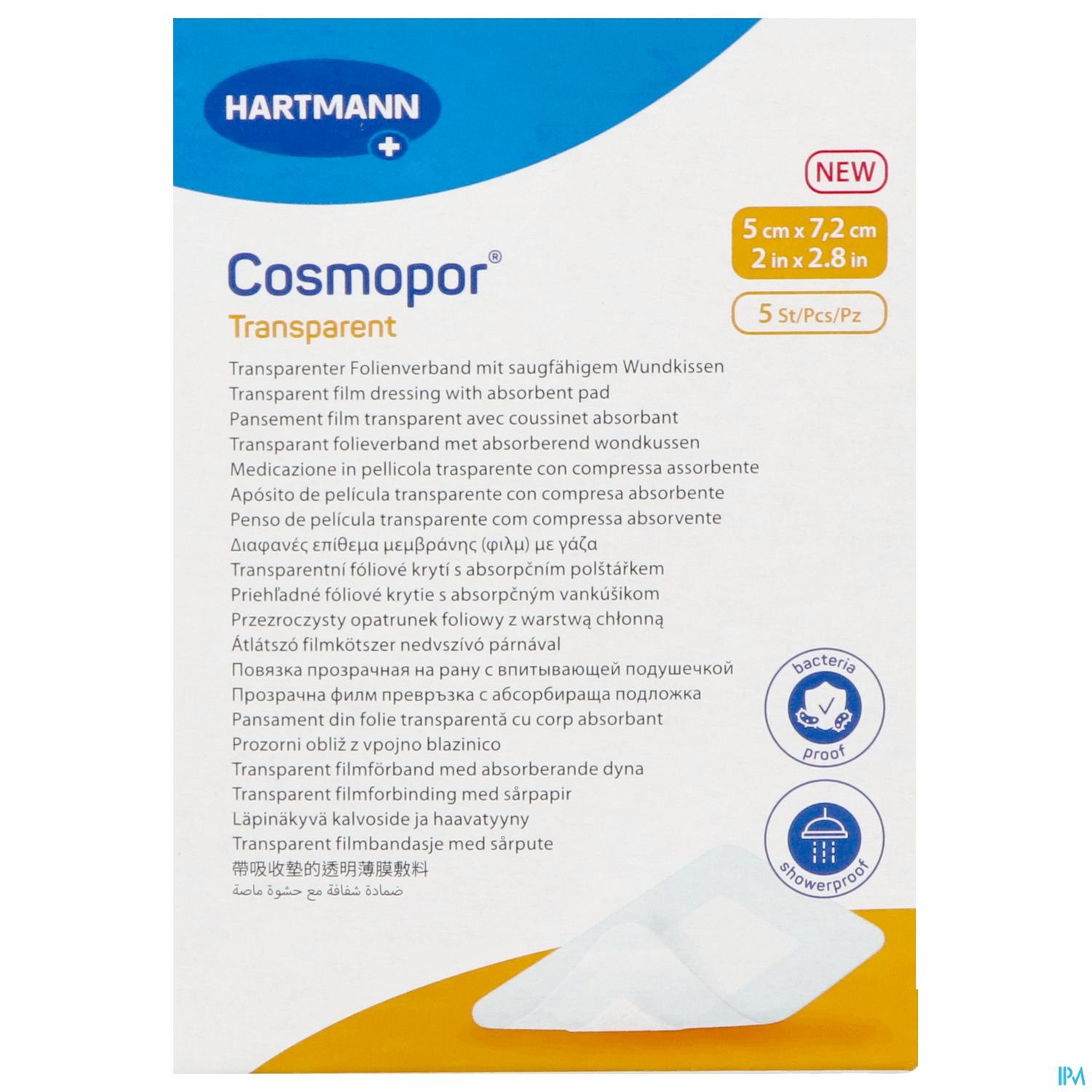 Packung des transparenten Wundpflasters "Cosmopor" von Hartmann, mit Maßangaben und Informationen zur Absorbierung.