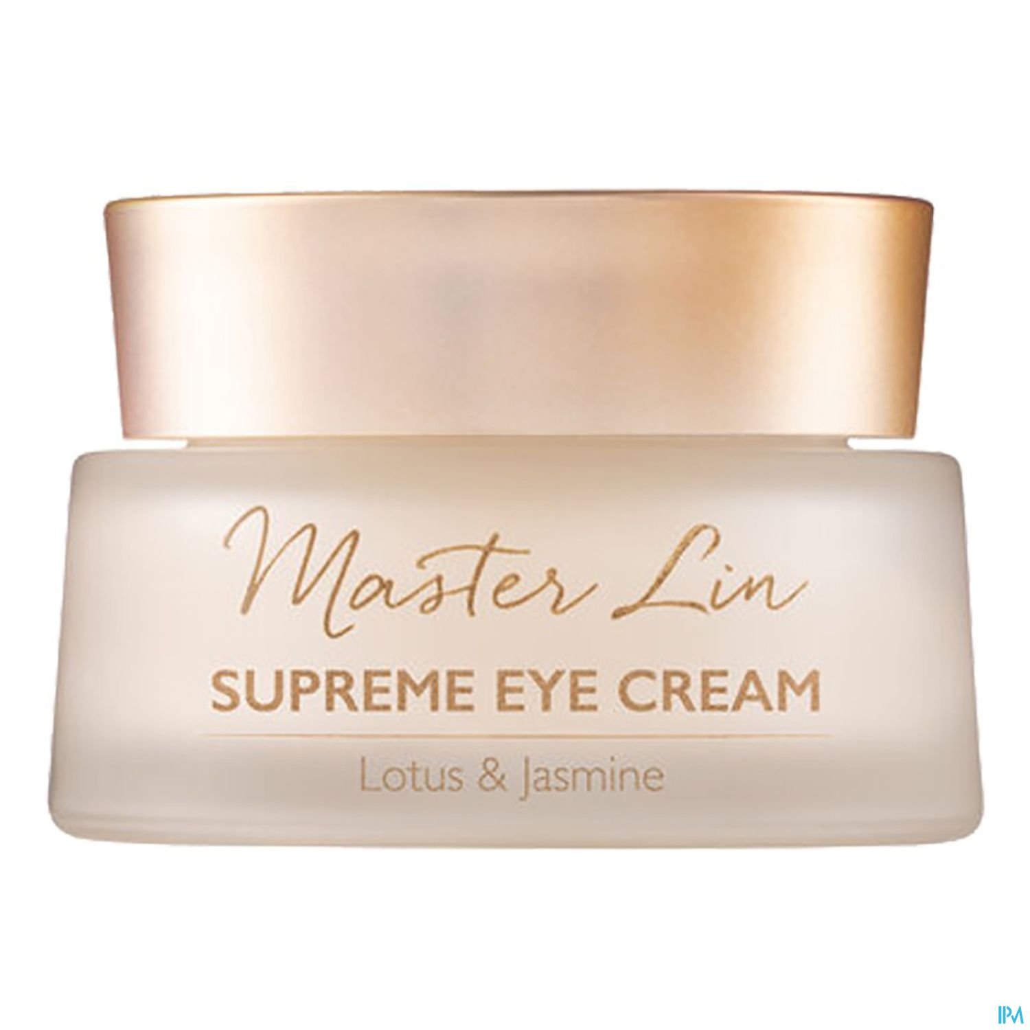 Glasbehälter mit goldfarbenem Deckel und Aufschrift "Master Lin Supreme Eye Cream Lotus & Jasmine".