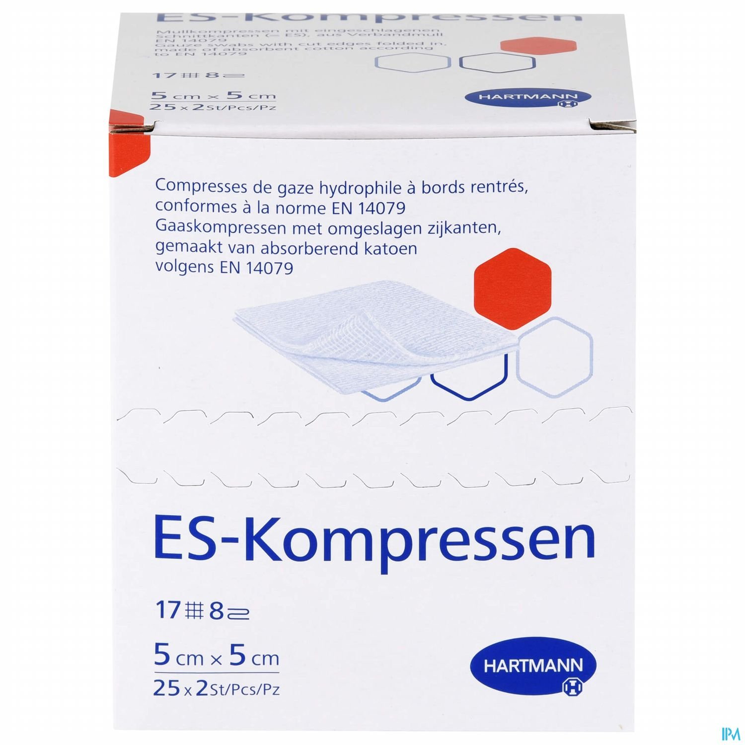 Verpackung von ES-Kompresse mit Produktinformationen und Markenname.