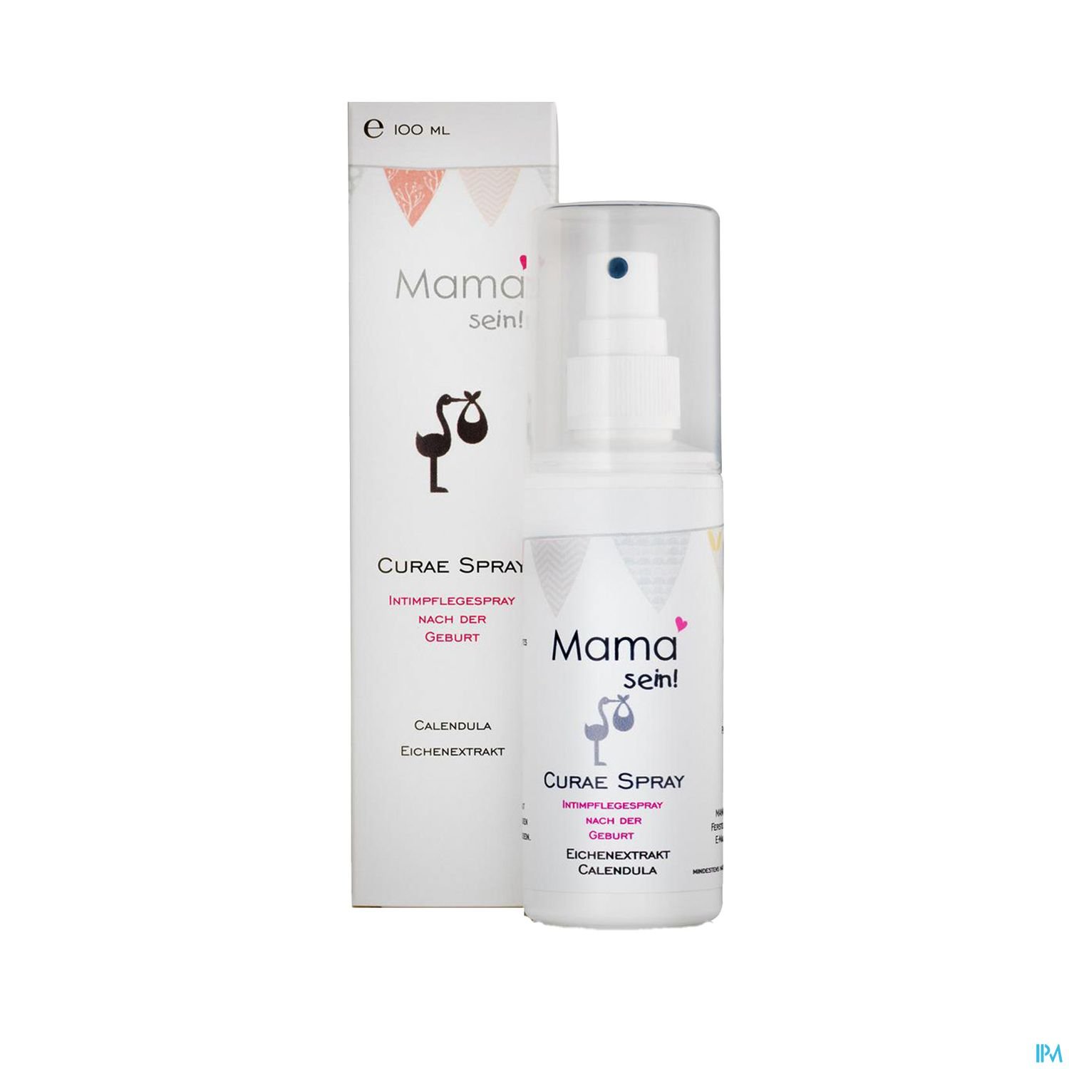 Flasche mit Intimlinderungspray „Mama sein! Cure Spray“ nach der Geburt, verpackt in einer umweltfreundlichen Box.