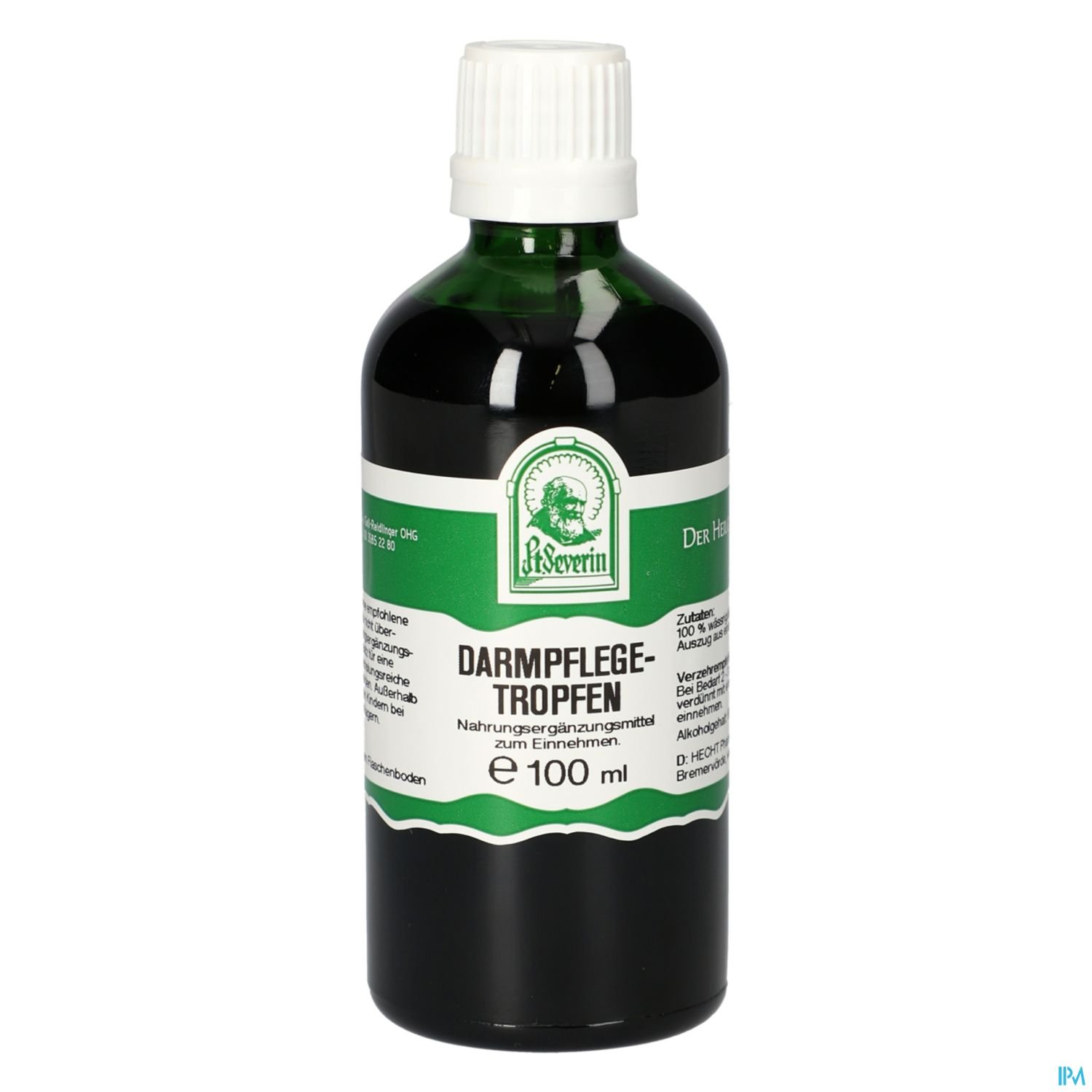 Flasche mit Darmpflege-Tropfen, 100 ml, mit grünem Etikett und weißem Deckel.