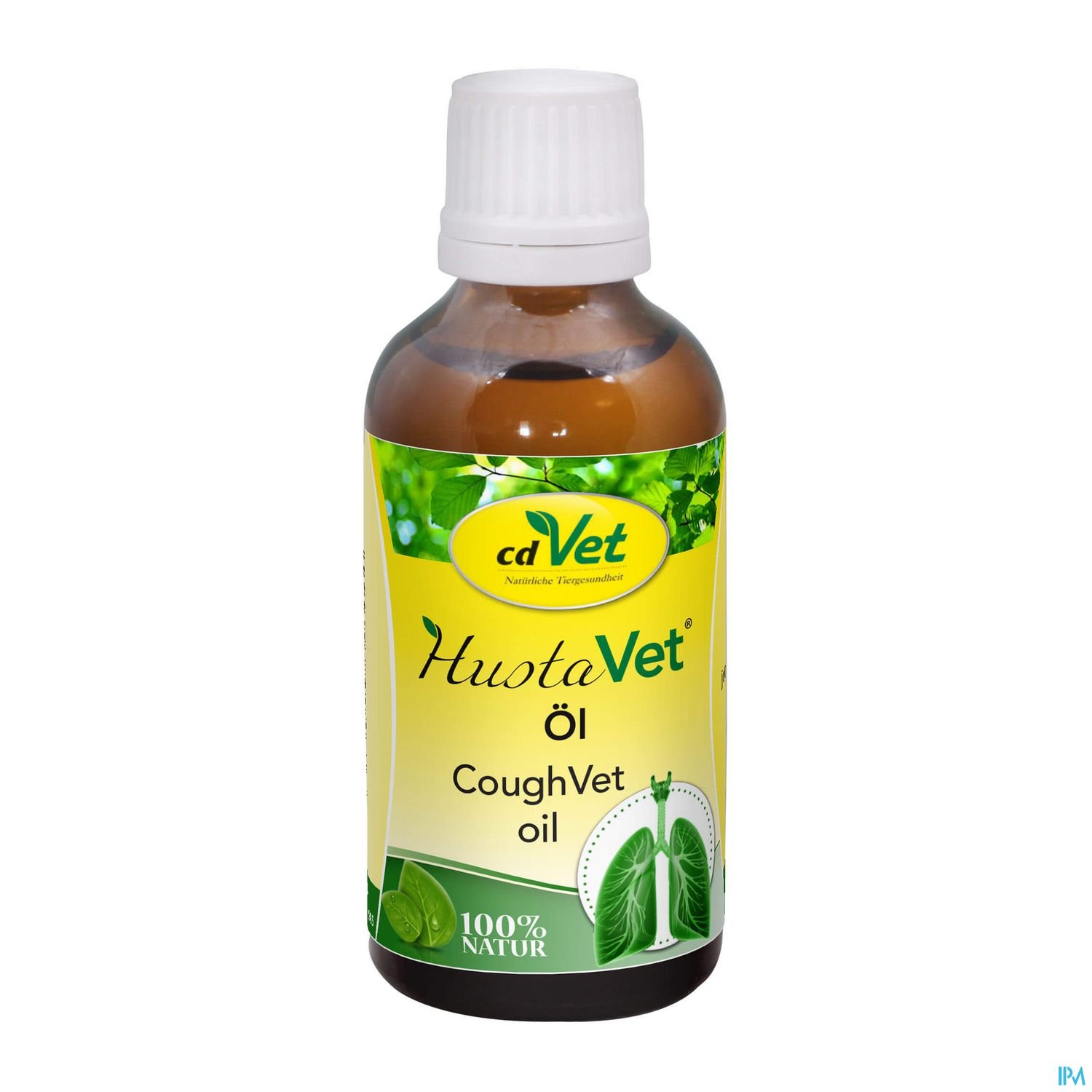 Braunglasflasche mit grün-gelbem Etikett für HuotaVet Hustenöl von cdVet, 100% natürliche Inhaltsstoffe.