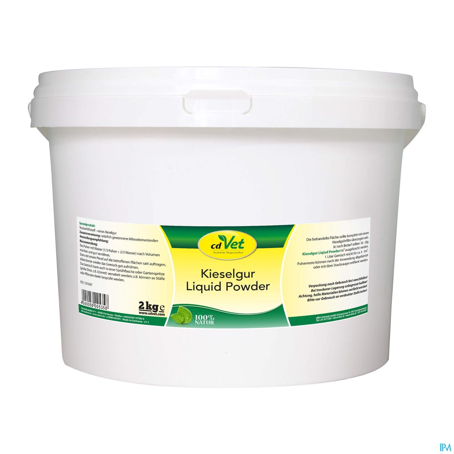 Eimer mit Kieselgur Liquid Powder, Inhalt 2 kg, Label in deutscher Sprache.