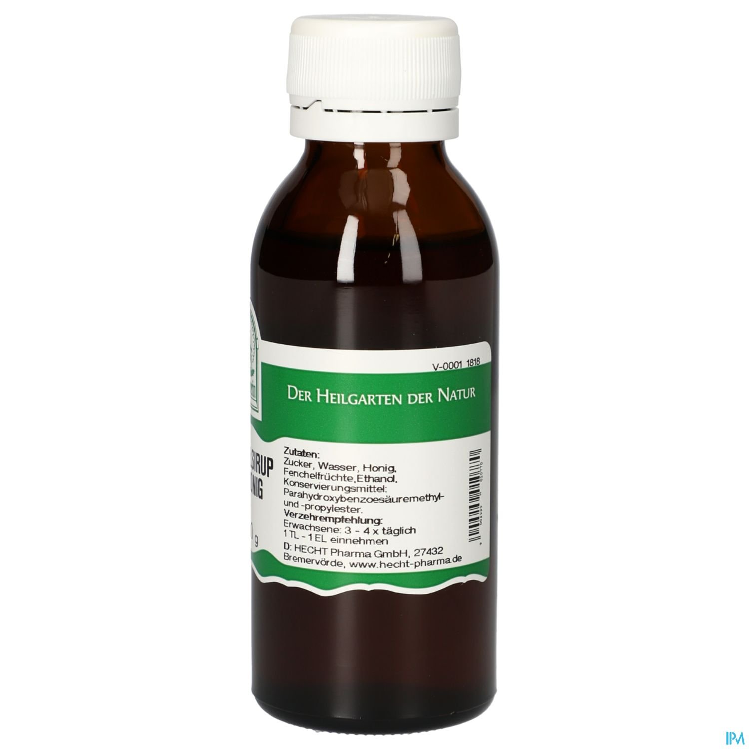 Braunflasche mit weißem Deckel und grünem Etikett, Aufschrift "Der Heilgarten der Natur", Zutatenliste auf dem Etikett.