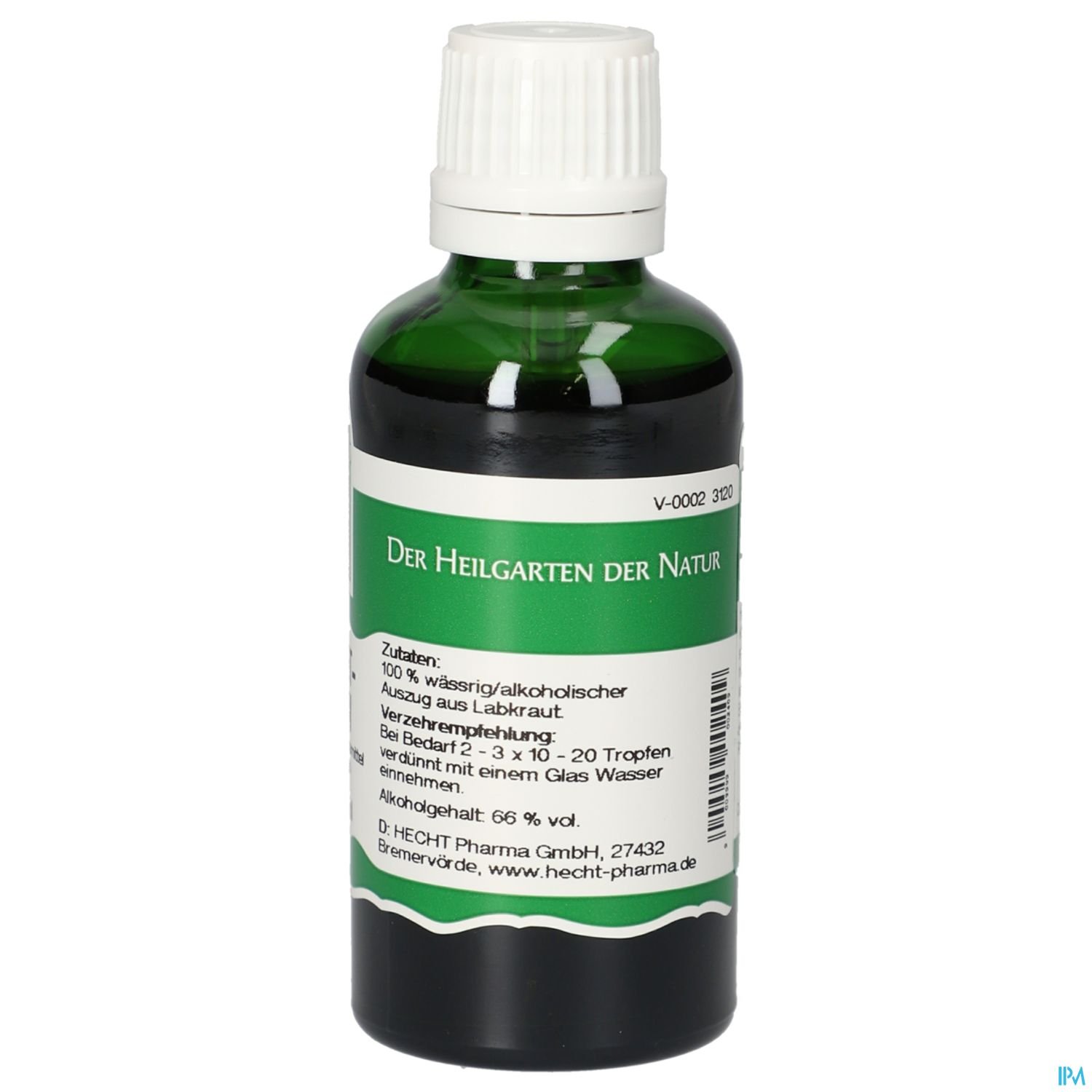 Flasche mit dem Etikett "Der Heilgarten der Natur", die Zutaten und Anwendungshinweise für ein alkoholisches Produkt enthält.
