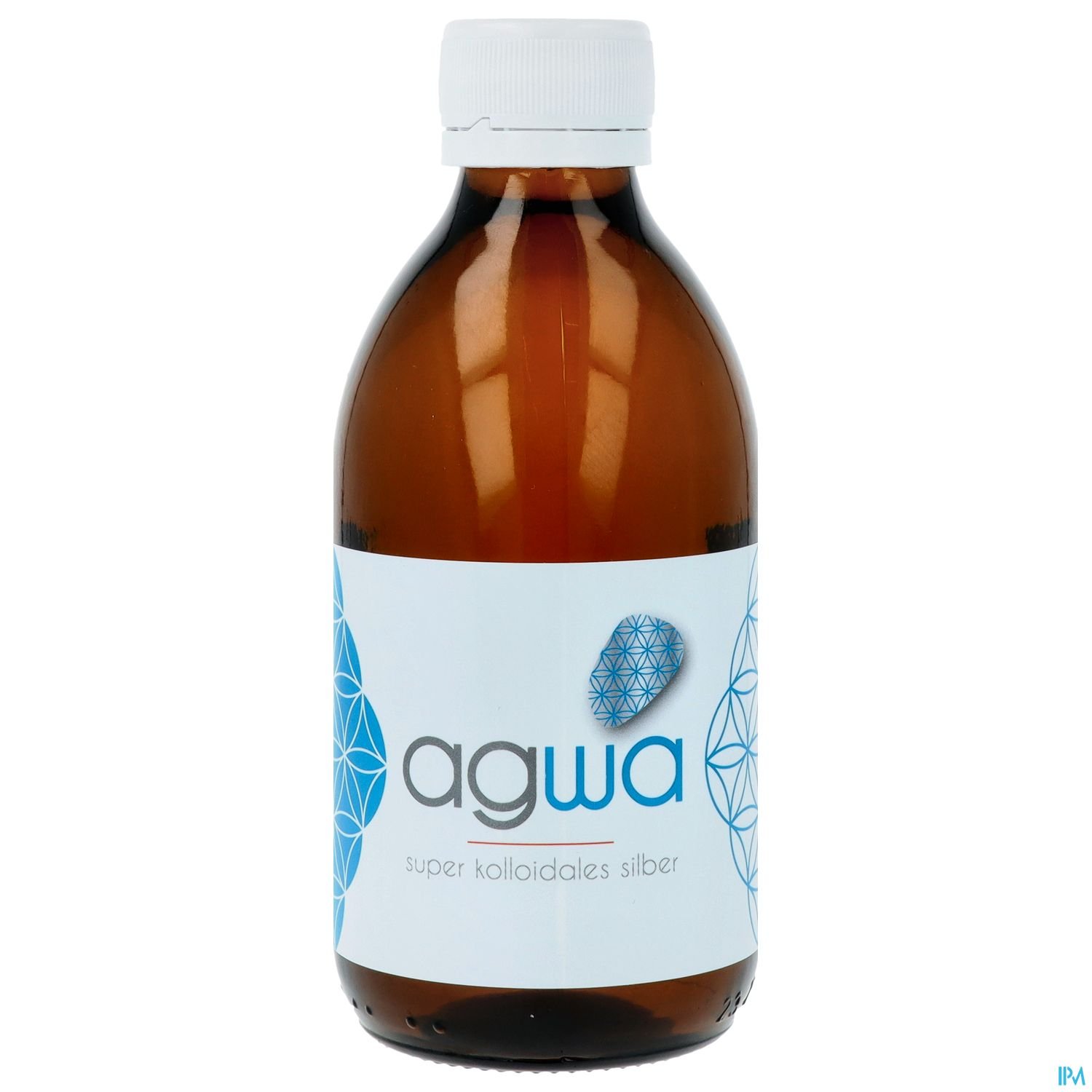 Braune Glasflasche mit weißem Schraubverschluss, beschriftet mit "agwa" und den Worten "super kolloidales Silber" auf dem Etikett.