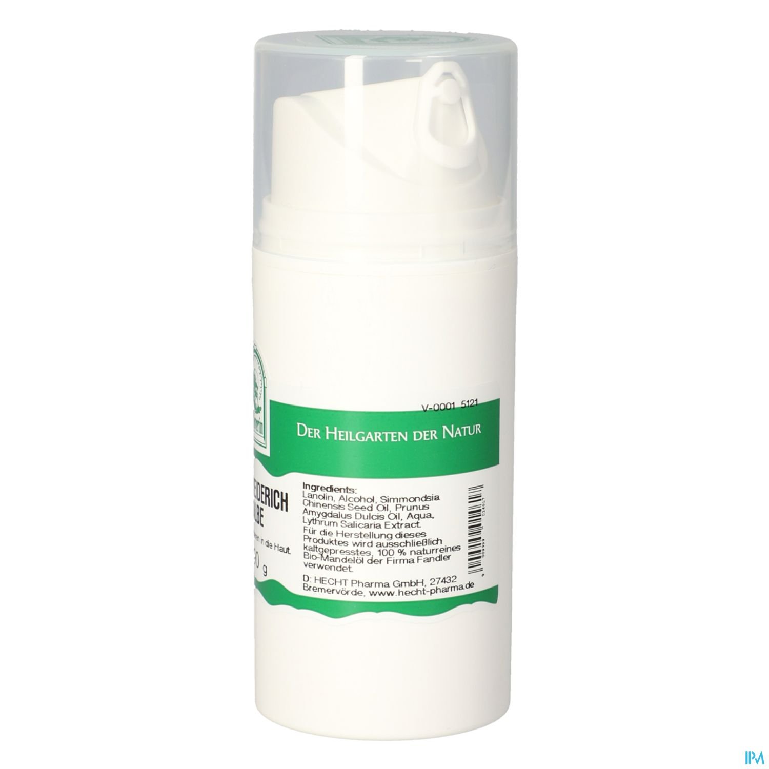 Weißer Pumpspender mit grünem Etikett und Schriftzug „Der Heilgarten der Natur“ sowie Inhaltsstoffen auf der Rückseite.