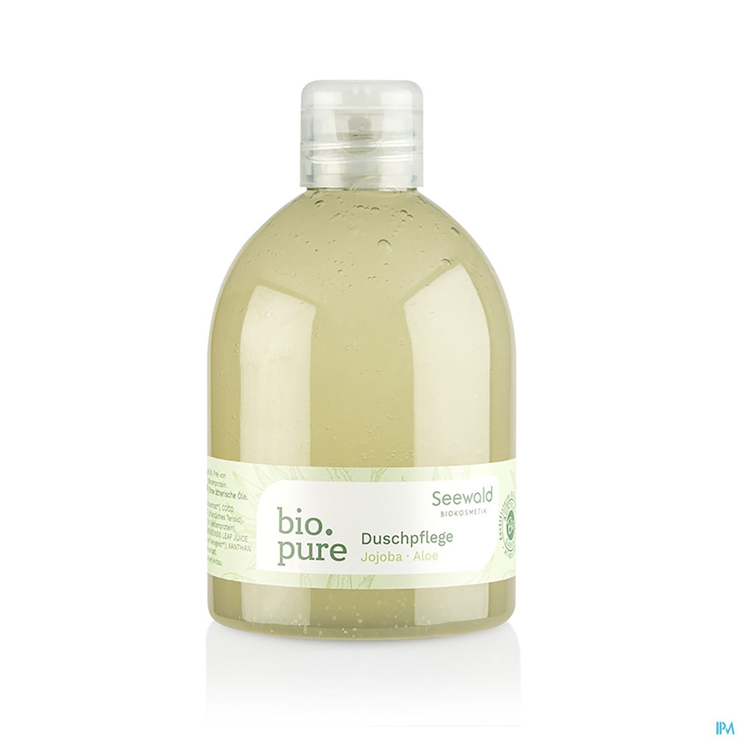 Flasche mit Duschpflege "bio.pure" in transparenter Verpackung, Inhaltsstoffe: Jojoba und Aloe.
