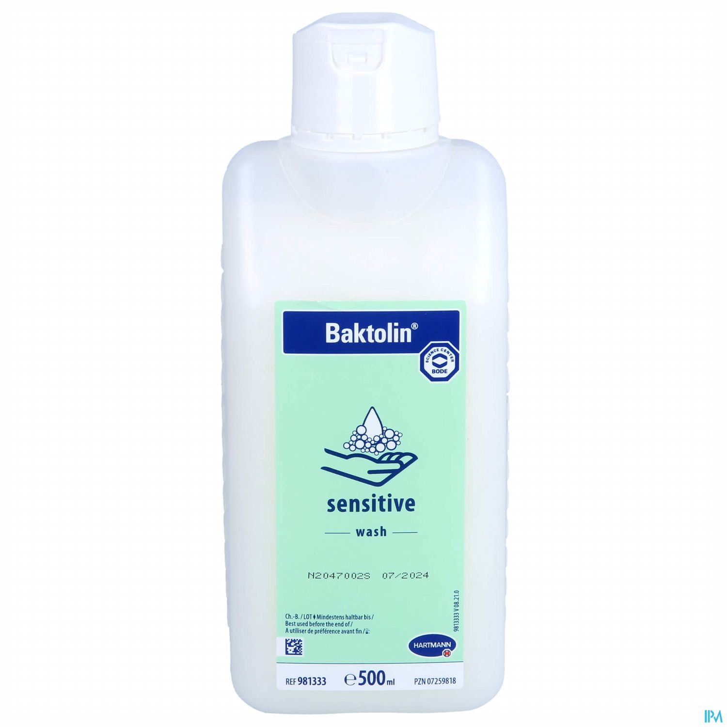 Flasche mit Baktolin Sensitive Wash, 500 ml, für empfindliche Haut.