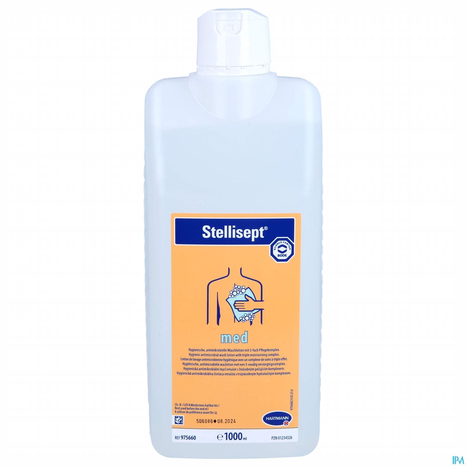 Flasche mit Desinfektionsmittel "Stellisept med" auf orangefarbenem Etikett, 1000 ml Inhalt.