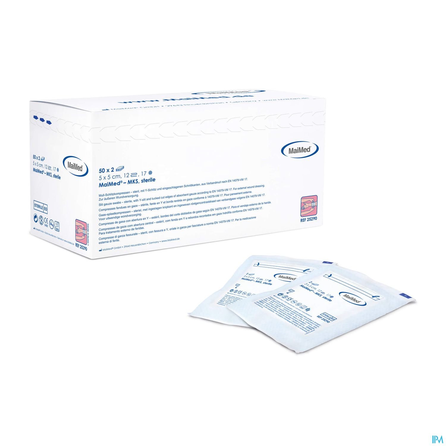 Verpackung mit 50 sterilen, einzeln verpackten medizinischen Kompressen von MailMed.