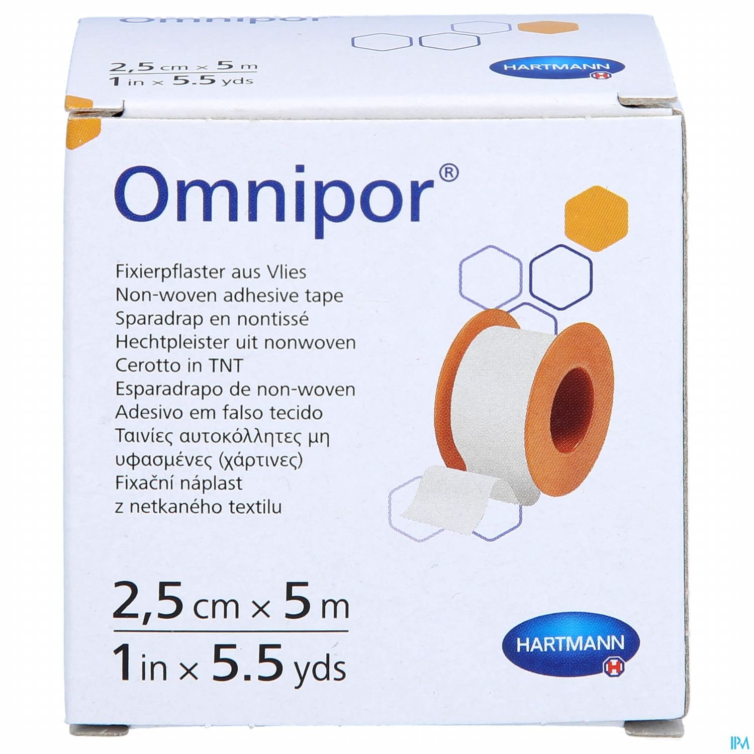 Packung mit Omnipor Fixierpflaster aus Vlies, mit Produktbeschreibung und Maßeinheiten.